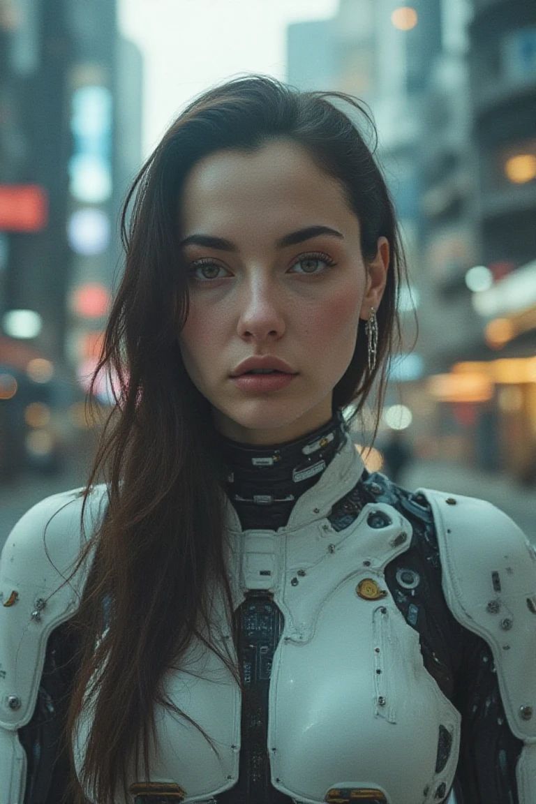 (photo of haniaaflx, a woman), (soft even lighting), (futuristic city behind), (wearing cybernetic robot clothes in cyberpunk world), detailed face, detailed eyes, ((medium body portrait)), masterpiece, ((best quality)), (eye contact), looking at the viewer, centred, shot from front