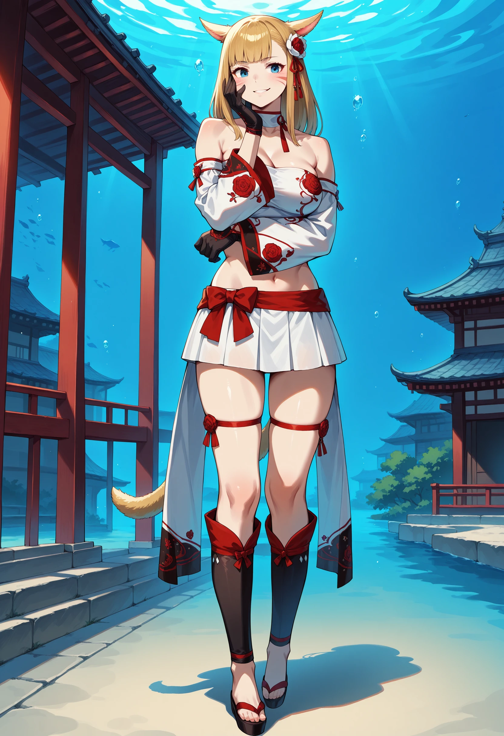 masterpiece, best quality, ,1girl, solo, full body, east asian architecture, underwater,  young woman, blonde hair, blue eyes, hime cut, long hair, miqo'te, animal ears, tail, cat ears,  BREAK  shshisuiHealer, skirt, gloves, detached sleeves, thigh strap, choker,bandeau, sandals, midriff, hair flower, floral print, ribbon,(arm under breasts), hand on own face,  smirk, <lora:ShiSuiHealerIL:1>