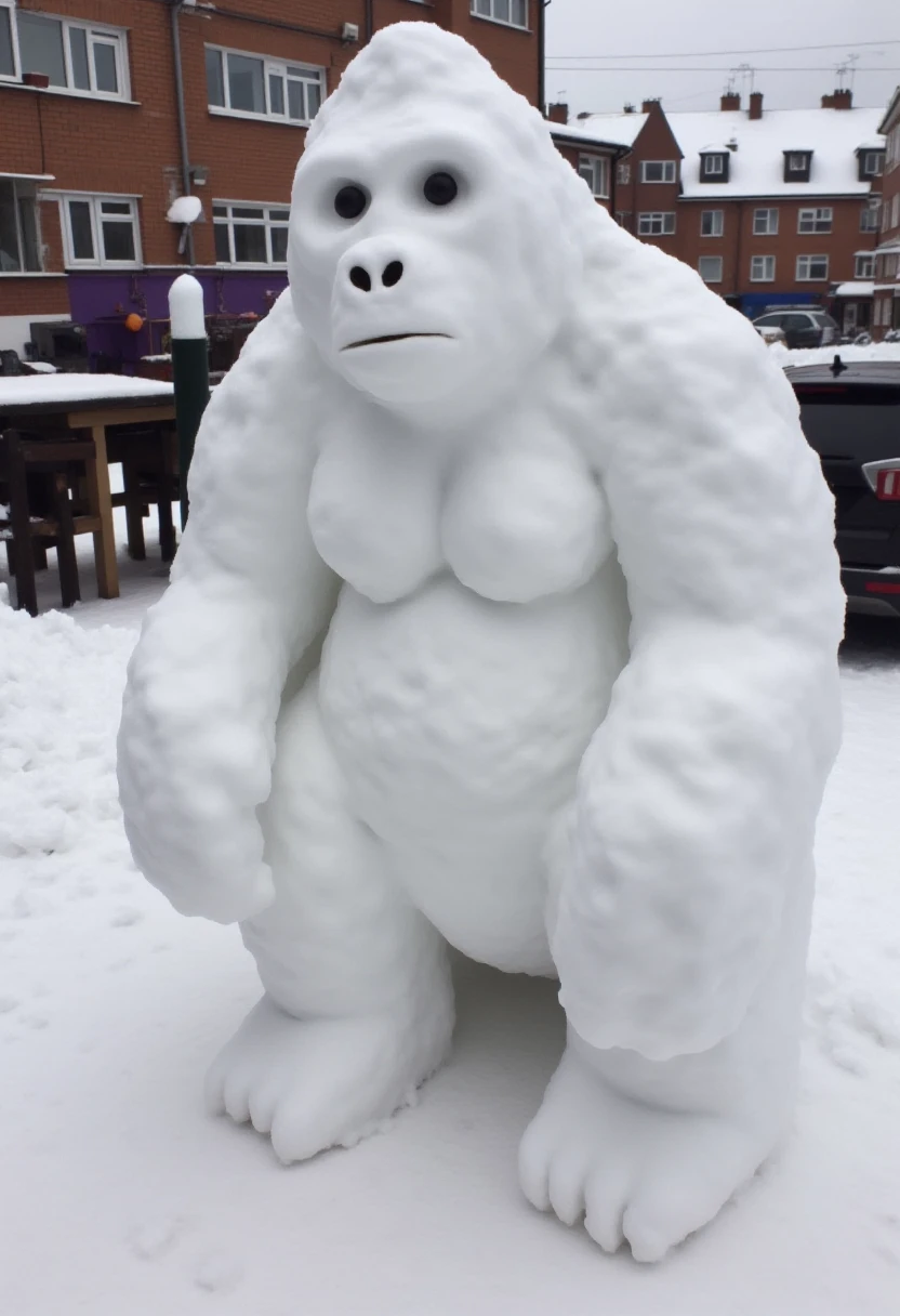 <lora:Amateur_Snowman_Sculptor_FLUX-000013:0.8>
Realistic photograph of a Gorilla snow sculpture, crafted entirely from snow.   The snow sculpture's texture is uneven, with some parts more compact and others more fluffy, typical of amateur hand-formed snow art.