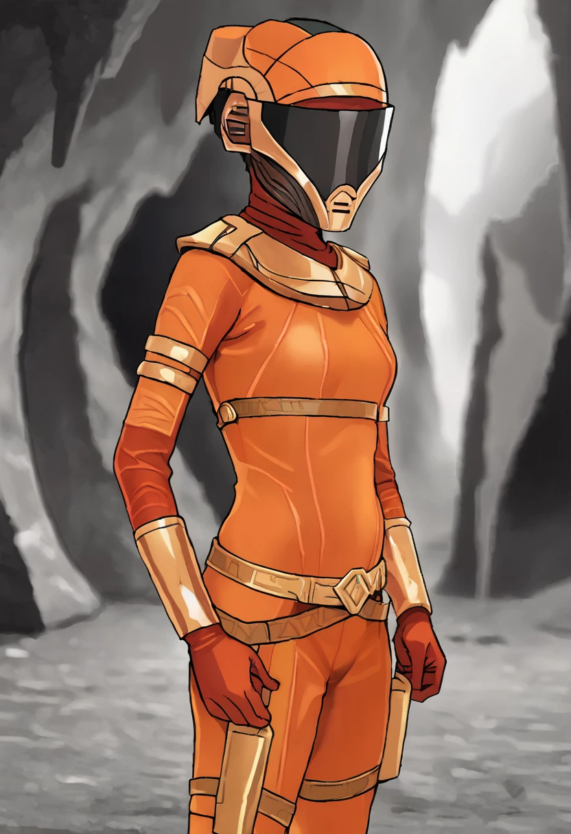 <lora:Zorii-PXL:1.2> Zorii-pxl, Zorii Bliss, faceless, solo, orange bodysuit, pectoral focus, cave, blurry background, armored clothes, visor cap, , bending, , , source_anime