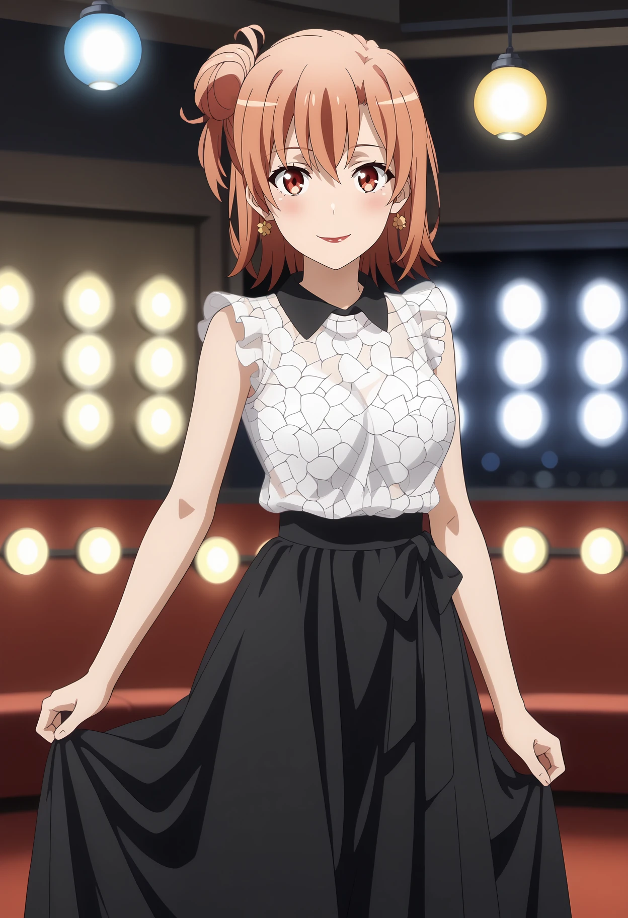 anime screencap,
<lora:YahariOreNoSeishunLoveComedy_YuigahamaYuiXL:0.9>,
1girl, solo, closed mouth, light smile, blush,
medium hair, orange hair, single side bun, multicolored eyes, hair between eyes, flower earrings, red lips,
YuiDress, wing collar, black collar, frilled shirt, sleeveless shirt, see-through shirt, white shirt, high-waist skirt, long skirt, black skirt,
skirt hold,
thigh gap, cowboy shot, standing, looking at viewer,
stage lights, indoors, blurry background