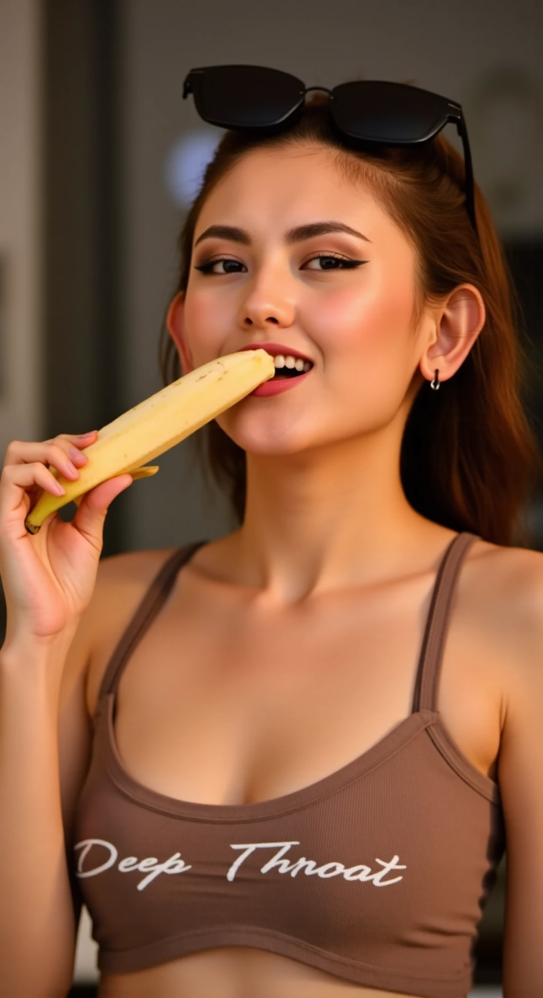 A hyper-realistic photo of parwanafluxho as a young woman holding a banana near her lips, with a playful yet suggestive expression. She is facing the camera. Her features are softly illuminated by golden hour lighting, creating warm highlights on her face and hair. She is wearing a tight revealing crop top with the text: "Deep Throat". Spelled exactly. She is wearing a sexy g-string. The banana is ripe, its vibrant yellow standing out against a muted, desaturated background of a modern kitchen with blurred details. The composition uses a shallow depth of field, focusing sharply on the woman and the banana, with soft bokeh effects in the background. Her pose is confident with an arched back and slightly tilted, with the rule of thirds framing her to one side, adding balance to the composition. very anorexic body, very flat breasts, detailed.