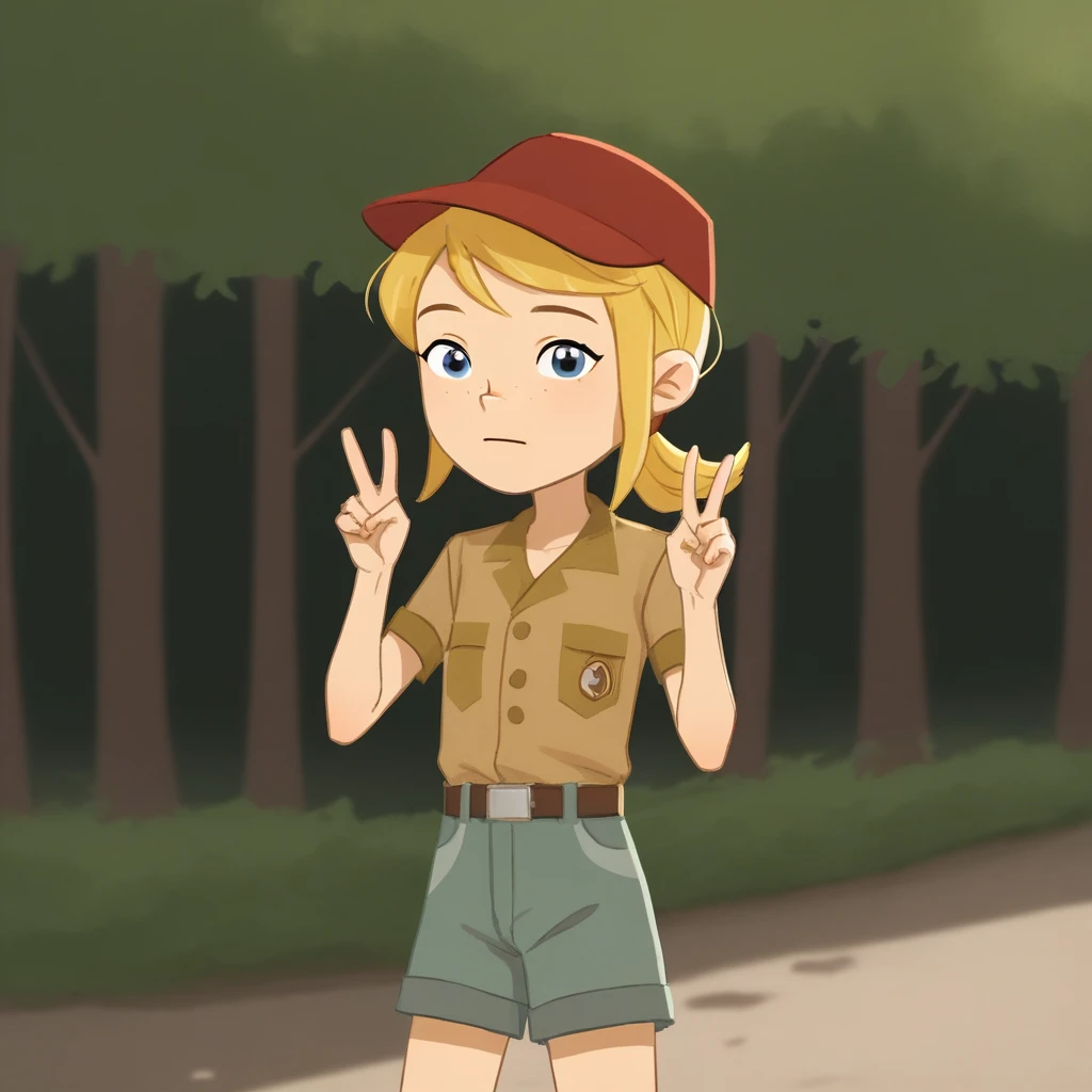 score_9_up, score_8_up, BREAK, Lottie, 1girl, solo, blonde hair, short ponytail, blue eyes, red hat, shirt, short sleeves, belt, shorts, cowboy shot, double v,  <lora:Lottie_LexiAndLottie_PXL_Leaf1:0.8>, looking at viewer, forest,