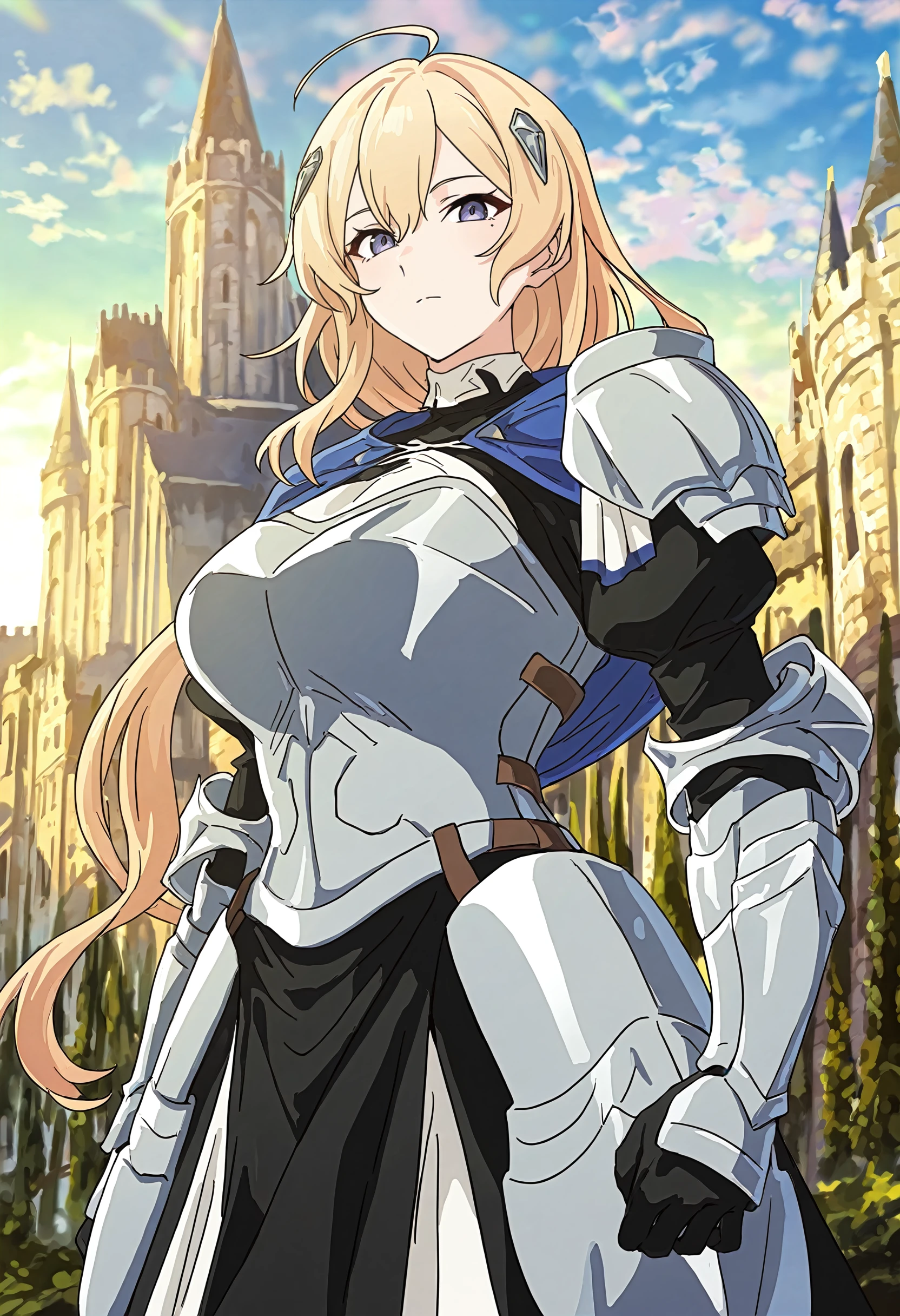 masterpiece, best quality, amazing quality, very aesthetic, absurdres, newest, scenery, 1girl, solo, huge breasts, <lora:Harness Ines illustxl:0.95> blonde hair, long hair, purple eyes, ahoge, blue eyes, low ponytail, hair ornament, blue capelet, single shoulder armor, plate armor, turtleneck dress, black dress, breastplate, juliet sleeves, long sleeves, vambraces, black gloves, faulds, long dress, pelvic curtain, upper body, standing, castle, outside, looking at viewer, shiny skin, masterpiece, best quality, amazing quality, very aesthetic, absurdres, newest, scenery