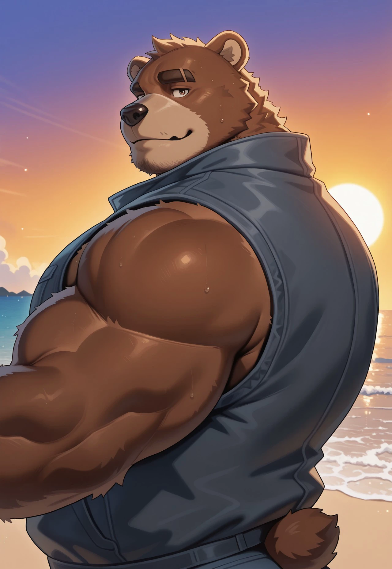 furry, solo,bear , muscular male, 
, close up, reaching, upper body, sunset, (sleeveless jacket), looking at viewer, close up, beach, side view, bara, 



2024, 2023, 2022, Dsharp, masterpiece,best quality,amazing quality,