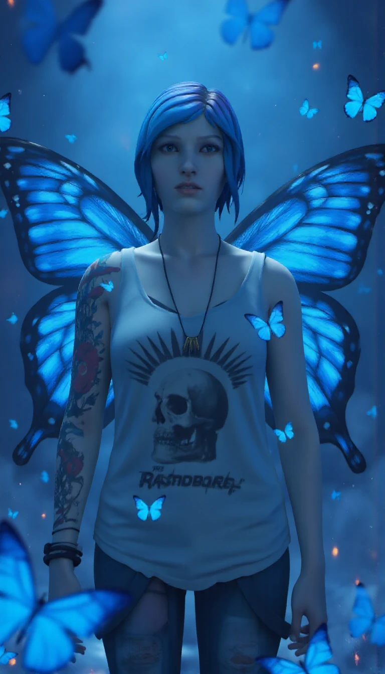 chloepricek1ck1x is in her skullshirt. She has blue butterfly wings and is surrounded by a large group of blue butterflies. The background is dark blue with fog and blue embers  <lora:Chloe_Price_Flux:1>