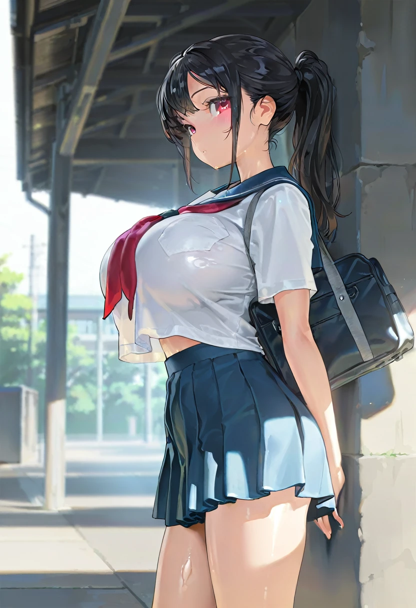 masterpiece, best quality, amazing quality, very aesthetic, absurdres, newest, scenery, volumetric lighting, depth of field, shiny skin,
1girl, solo, skirt, school uniform, bag, black hair, long hair, breasts, pleated skirt, looking at viewer, red eyes, large breasts, blue skirt, serafuku, ponytail, school bag, sailor collar, bangs, outdoors, short sleeves
breast curtains, 
masterpiece, best quality, amazing quality, very aesthetic, absurdres, newest, scenery <lora:breast_curtains:1>