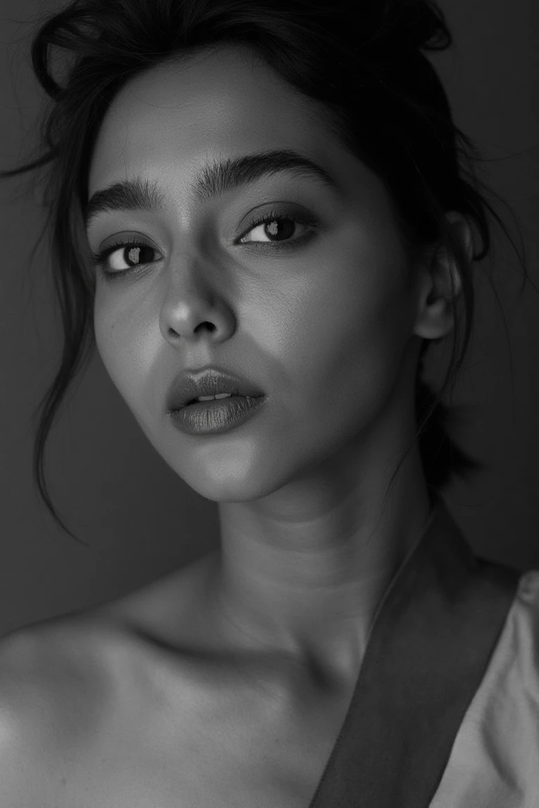 A portrait inspired by Peter Lindbergh's style, featuring aishuflx, a woman gazing directly into the camera with an intimate and emotional expression. The lighting is soft and natural, emphasizing shadows and highlights that enhance her face's texture and contours. Her eyes convey strength and vulnerability, while her natural face celebrates authenticity, showcasing pores and imperfections.
The background is neutral and blurred, focusing entirely on her features. Shot in black and white with soft contrasts, the image captures raw beauty and emotional depth, embodying humanity and connection without distractions.