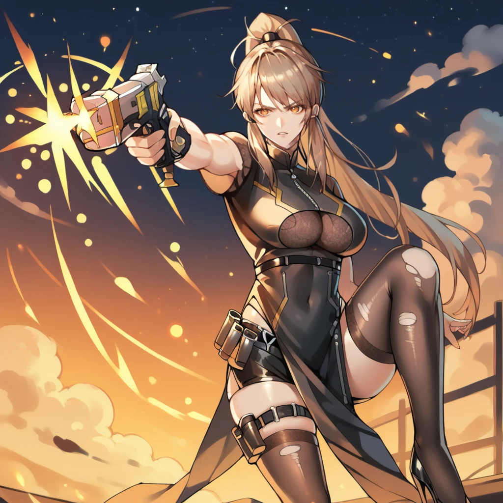 score_9_up, score_8_up, score_7_up, source_anime, 1girl, solo, night, clouds, starry sky, standing on one leg, knee up, black high heels, fighting stance, holding gun, pointing gun at you, angled shot, seductive, parted lips, Samir, Sr_Def, thigh pouch, high ponytail, black thighhighs, torn thighhighs, dress, china dress, black dress, covered breasts, covered underboob, cleavage, halterneck, bodystocking, short sleeves, black pelvic curtain, black gloves, black shorts, short shorts, orange eyes, long hair, brown hair, mature body, dynamic cowboy shot, 