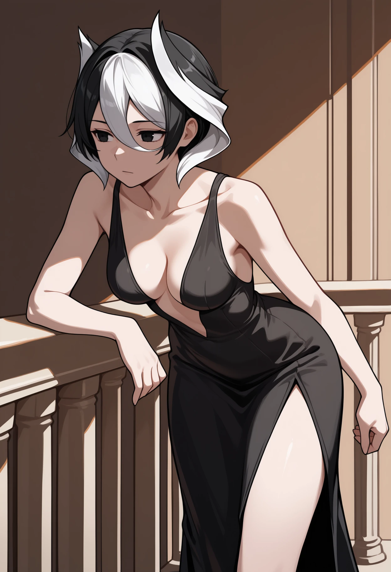 masterpiece, best quality, <break> solo, 1girl, oz3n, expressionless, looking away, standing, leaning forward, arm rest, short hair, two-tone hair, black hair, white hair, hair between eyes, black eyes, evening gown, long dress, black dress, sleeveless dress, center opening, side slit, bare shoulders, collarbone, cleavage, medium breasts, dark background, balcony
<segment:yolo-Anzhc Face seg 640 v2 y8n.pt,0.4,0.5//cid=1>
