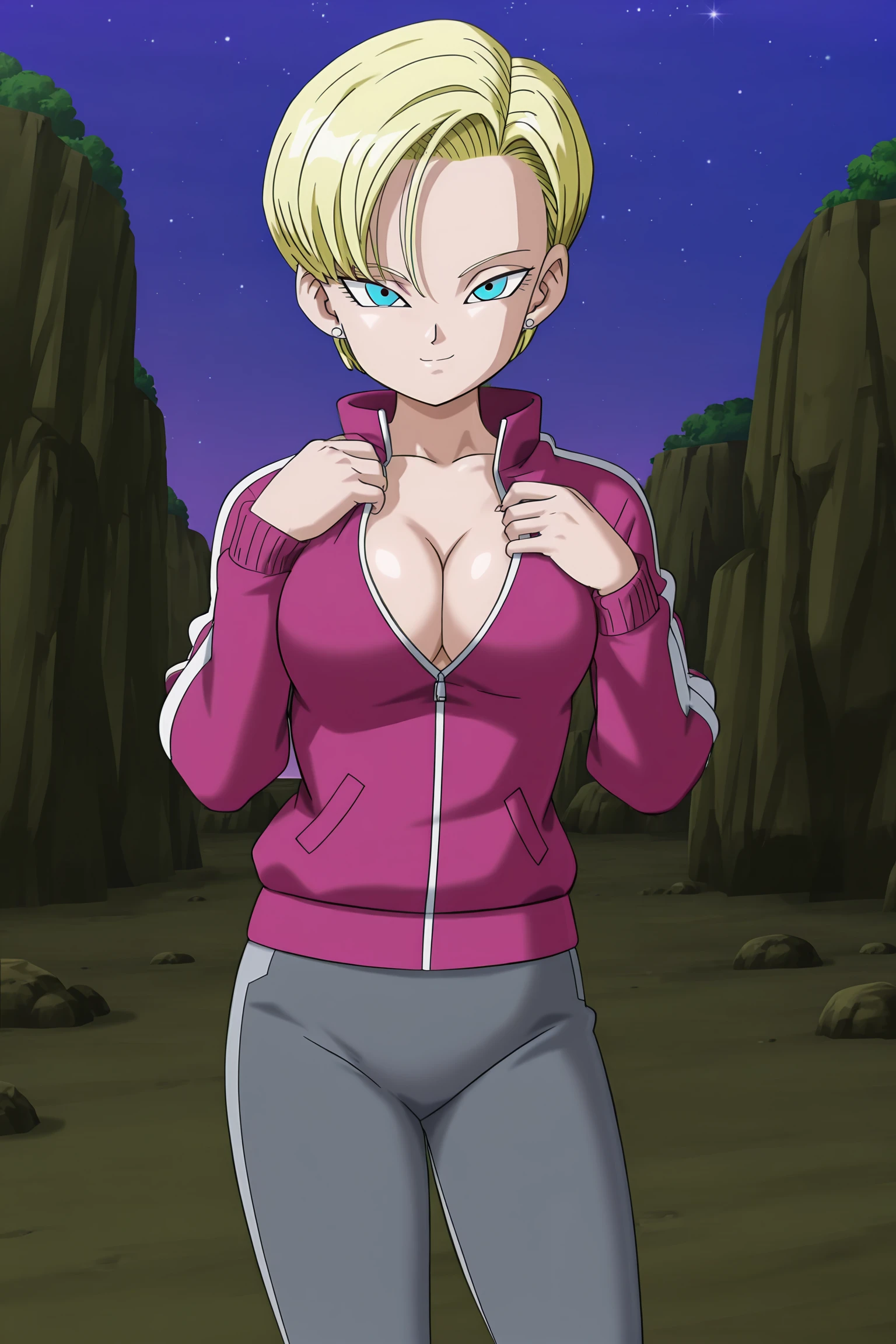 anime screencap, absurdres, high quality, official style,
android 18, very short hair, blue eyes, blonde hair, fringe trim
dragon ball super super hero, mismatched tracksuit, stud earrings, tight pants, track jacket, long sleeves, grey bottomwear, pink jacket, two tone jacket, two tone pants, pink legwear, partially unzipped, cleavage, navel, 
cowboy shot, night sky,  star \(sky\), rock, dappled moonlight, seductive smile, bedroom eyes, looking at viewer, partially undressed,  hand on jacket, undressing, 
 <lora:Android_18_-_Dragon_Ball:0.8>