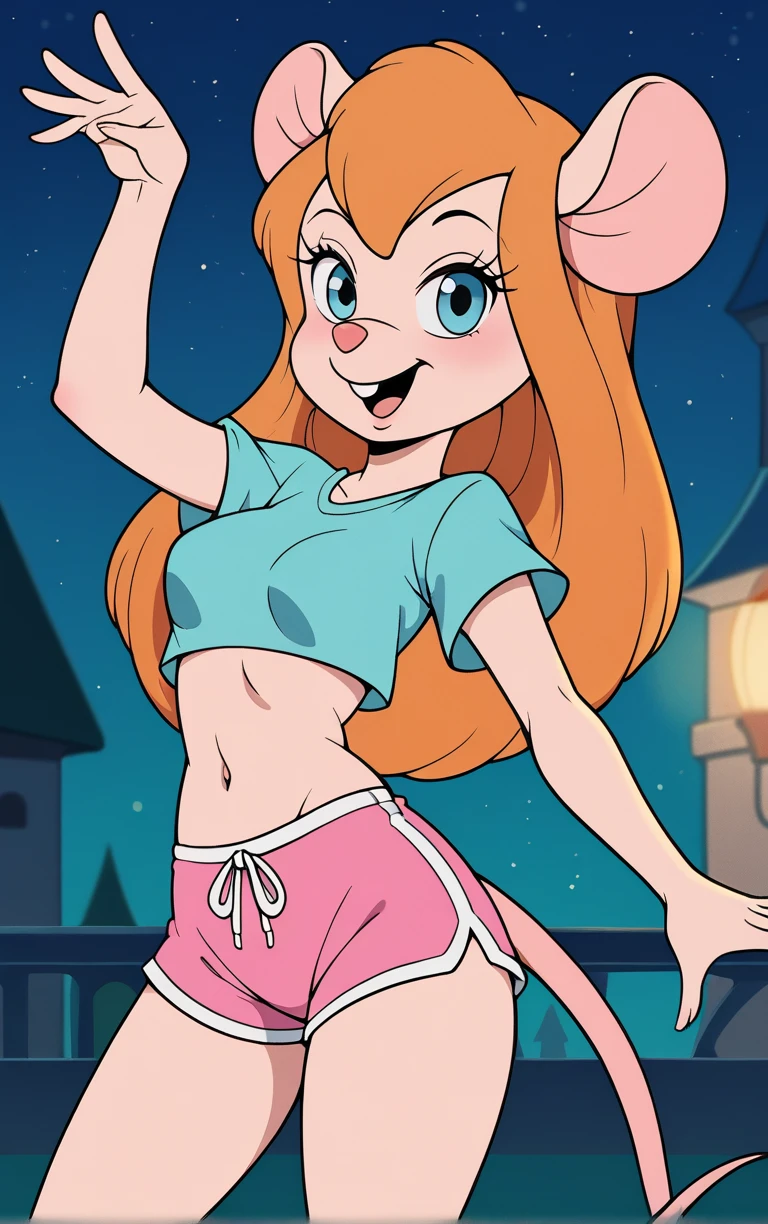 score_9, score_8_up, score_7_up, looking at viewer,  BREAK
WhiteShirt_GadgetHackwrench_ownwaifu, 
1girl, eyelashes, furry female, mouse ears, mouse girl, orange hair, snout, animal ears, long hair, buck teeth, blue eyes, animal nose, mouse tail, body fur, sidelocks, breasts, 
short sleeves, white shirt, midriff, pink shorts, crop top, short shorts, aqua shirt, cropped shirt,
(standing, ojou-sama pose), gothic cathedral in background, night sky, moonlight, bokeh, outdoors, <lora:PONYXL_GadgetHackwrench_ownwaifu:0.7>, depth of field, solo, Interesting Image, Captivating Image,