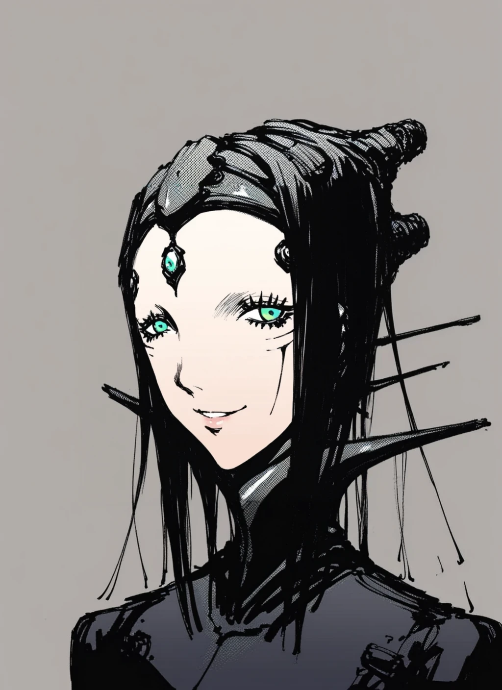 score_9, score_8_up, score_7_up, highly detailed, manga, sketch, tmnh, girl, Pcell, black hair, green eyes, smile, long black jacket, source_anime, BREAK best quality, masterpiece, e621, digital_art, <lora:Tsutomu_Nihei_Blame_Style:1.0>