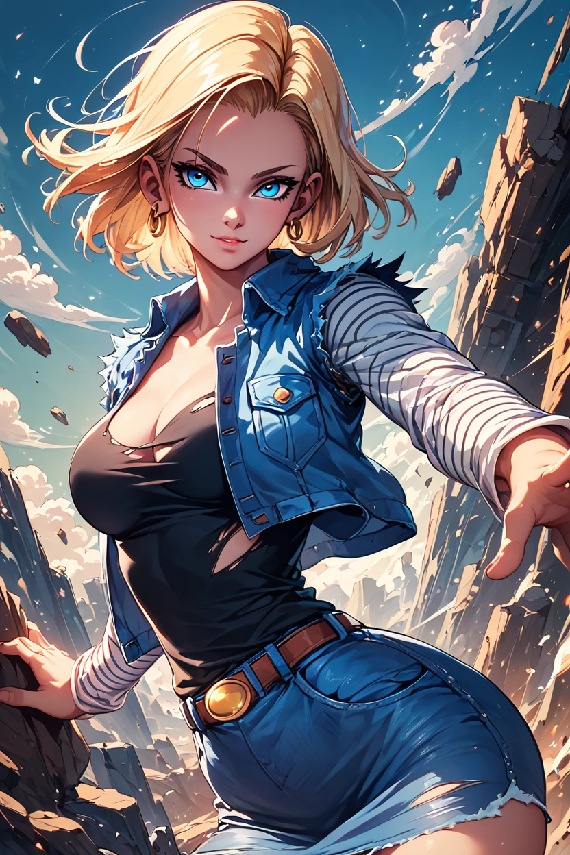 score_9, score_8_up, score_8, medium breasts, (curvy), cute, eyelashes,    <lora:Android18PDXL:1.0>, zzAndroid18, blue eyes, blonde hair, short hair, jacket, denim, denim jacket, jewelry, earrings, long sleeves, shirt, skirt, belt, stripes,  smile, looking at viewer,   serious expression, dramatic sunset casting shadows, standing on a cliff overlooking a devastated battlefield, her iconic outfit slightly torn, glowing with suppressed energy, a moment of reflection before the next fight,  ,,, embedding:zPDXL, Expressiveh, <lora:Hyperdriver_PDXL_v5:0.8>, <lora:SDXLFaeTastic2400:0.5>,  <lora:Expressive_H-000001:0.4>,