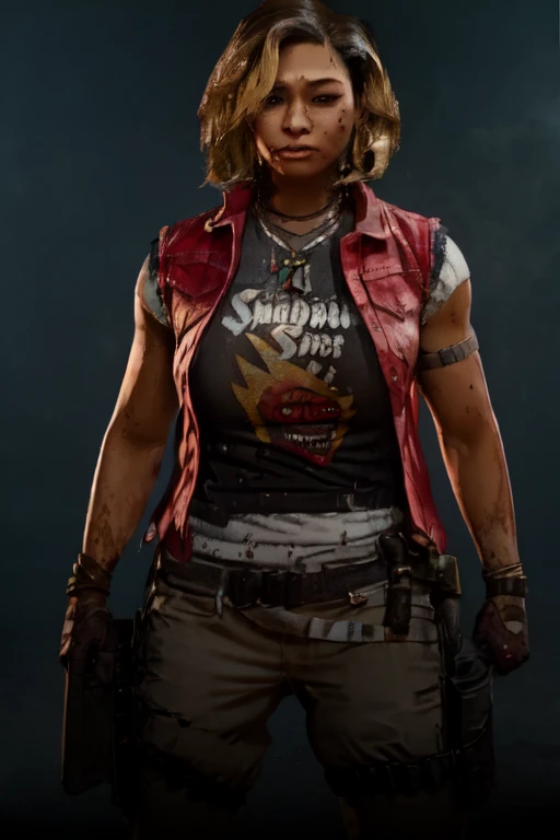 <lora:MayaBO6-000010:1> blonde hair, Vengeance, clothes writing, print shirt, english text, MayaBO6, 1girl,  serious face, brown eyes, red cropped jacket, black tank top, beige cargo pants, solo, realistic, jewelry, belt, necklace, gun, wxeapon, pants, gloves, vest, holster, handgun, shirt, tattoo, blue eyes, torn clothes, short hair, blood, t-shirt, looking at viewer, watch, nose, holding, lips, open vest, cowboy shot, dirty, brown hair, mole, blood on face, dark skin, dual wielding, brown pants, sleeveless jacket, bracelet, open clothes, standing, thigh holster, wristwatch, holding gun, muscular, holding weapon     huge breasts, bursting breasts