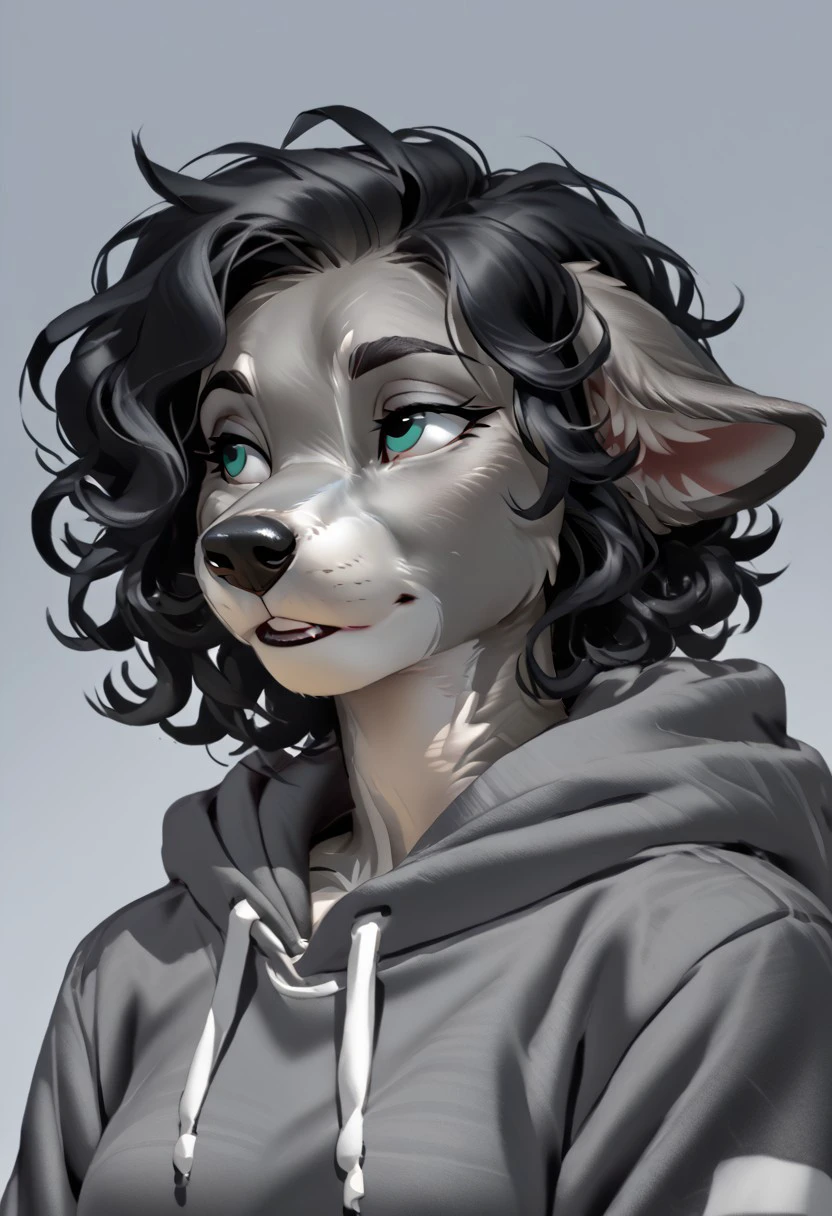score_9, score_8_up, score_7_up, (by kittydee:1.5), (by jailbird:1.5), (by zummeng:1.5), masterpiece, best quality, (solo),
(Furry Art: Anthro: Greyhound:1.5), expressive eyes, feminine eyes, perfect face, feminine face, dog, canine, slim build, long snout, floppy ears, small breasts, perfect face, (grey fur:1.5), teal eyes, black hair, (curly hair), (hoodie)