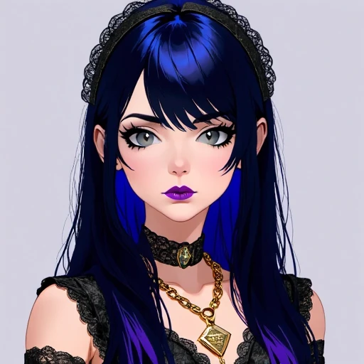 adorned with a gold pendant necklace., petite build and an androgynous appearance. She has long, almost ethereal complexion. She has long, This image is a digital illustration in a vibrant, sleek manner., bold purple, straight hair that is predominantly black with a striking blue streak running through it, and she has large, lace-trimmed