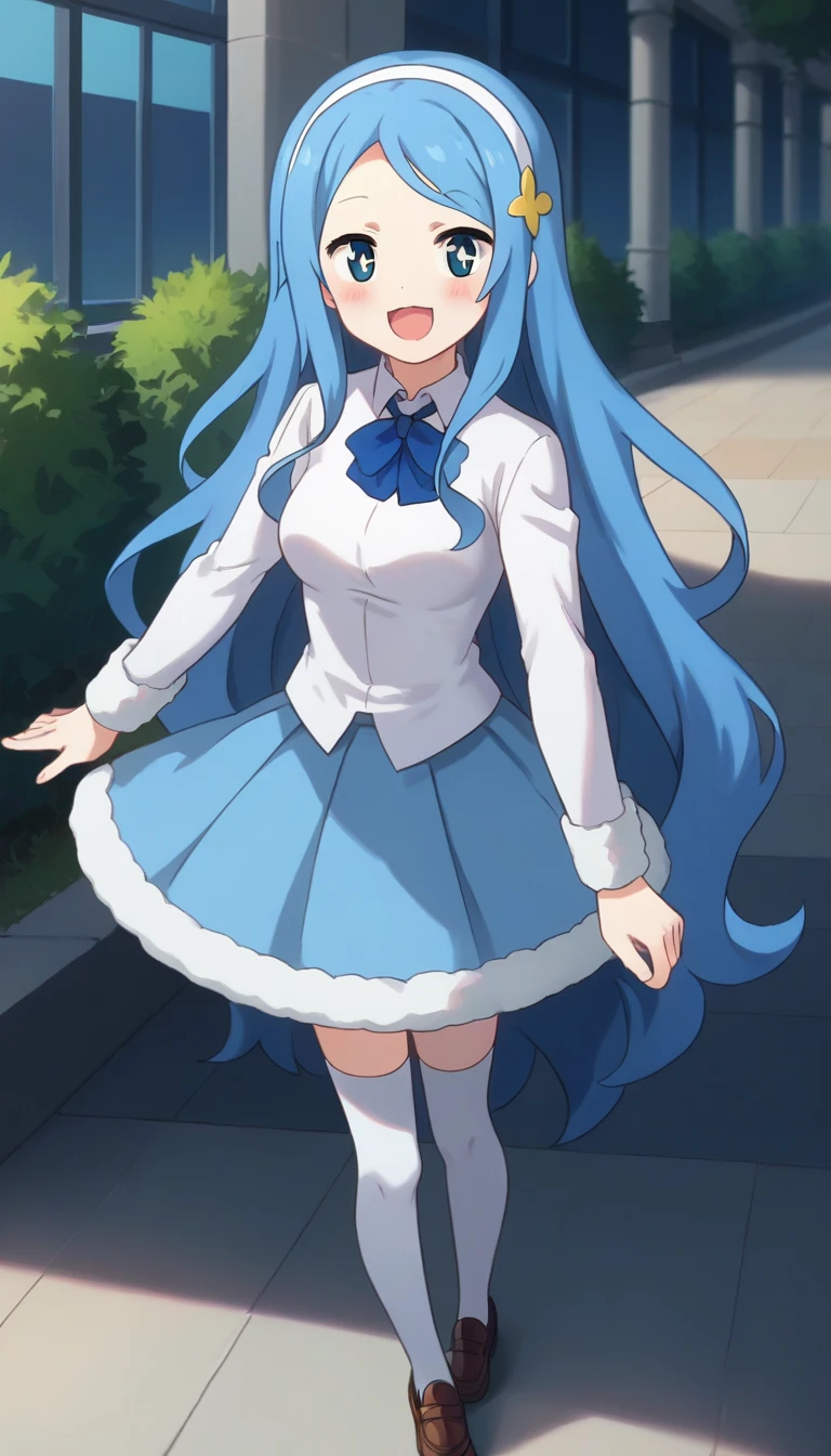 score_9,score_8_up,masterpiece,best quality,correct anatomy,anime_source,1girl,solo,perfect eyes,perfect arms,perfect legs,perfect face,outdoors,cowboy shot,looking at viewer,facing viewer,smile,:d,blush,Sylphynford Tachibana,very long hair,blue hair,hair ornament,white hairband,sidelocks,forehead,bangs,blue eyes,star-shaped pupils,+_+,:3,open mouth,school uniform,blue bowtie,neck ribbon,blue ribbon,white shirt,collared shirt,long sleeves,medium breasts,blue skirt,fur trim,white thighhighs,zettai ryouiki,loafers,<lora:Sylphynford Tachibana(huc)-Pony:1.6>,