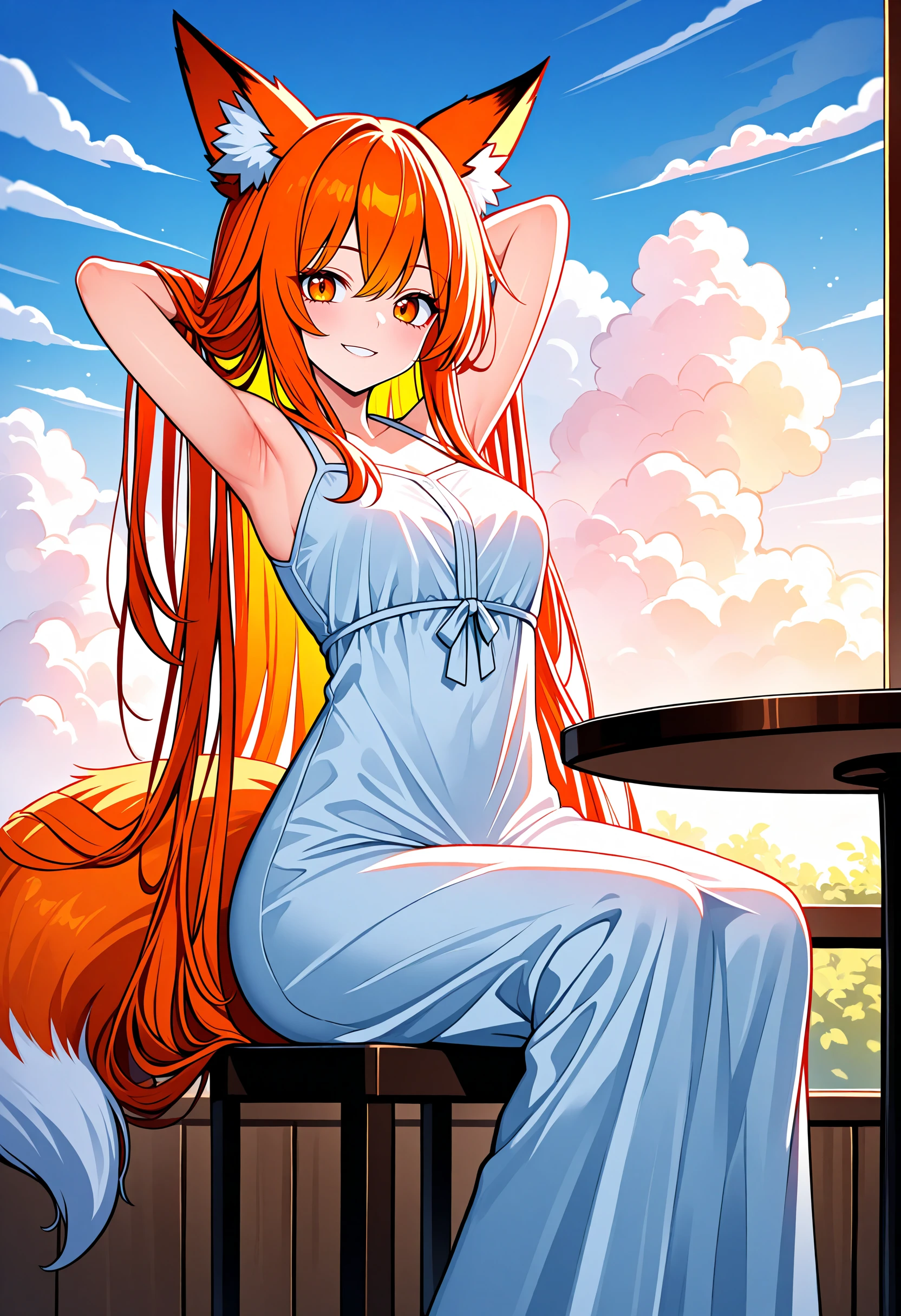 masterpiece, best quality, absurdres, very aesthetic, 1girl, sitting, table, fox girl, orange hair, smile, clouds, long dress, arms behind head,