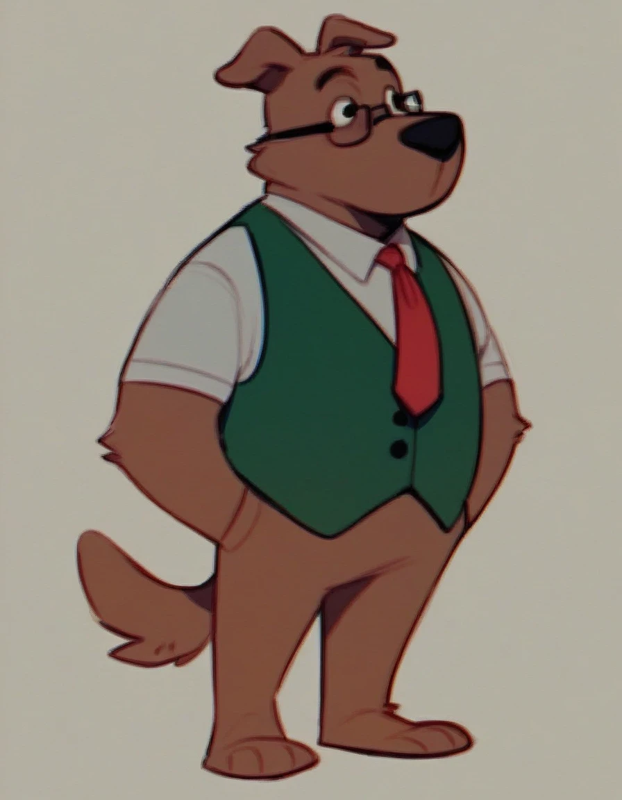 Kolin_Kelly, solo, 1boy, standing, tail, full body, necktie, vest, no humans, red necktie, furry, green vest, furry male, white shirt, black eyes, glasses, dog, brown fur