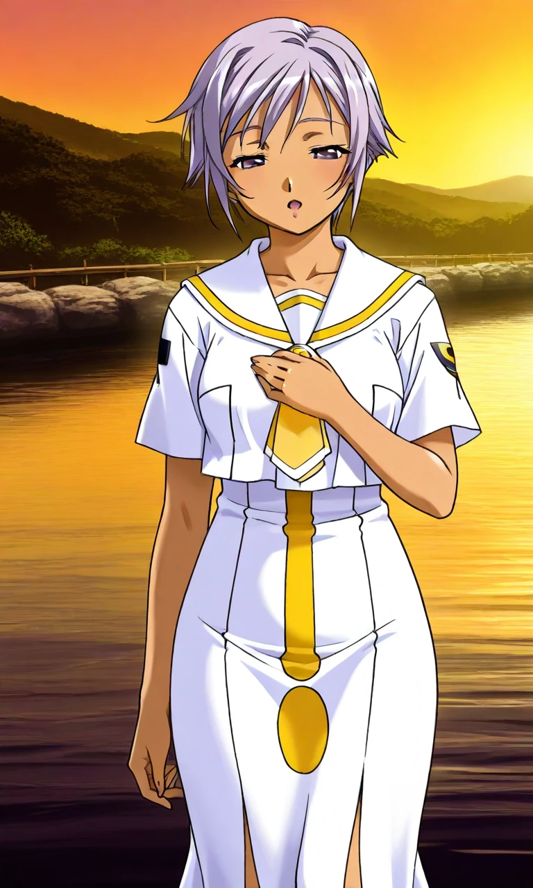 , open mouth,dynamic pose, evening,river, góndola, half closed eyes, hand on own chest,athena_glory, short hair, very short hair, dress, white dress, uniform, collarbone, short sleeves, sailor collar, neckerchief, white sailor collar, long dress, yellow neckerchief, orange planet company uniform