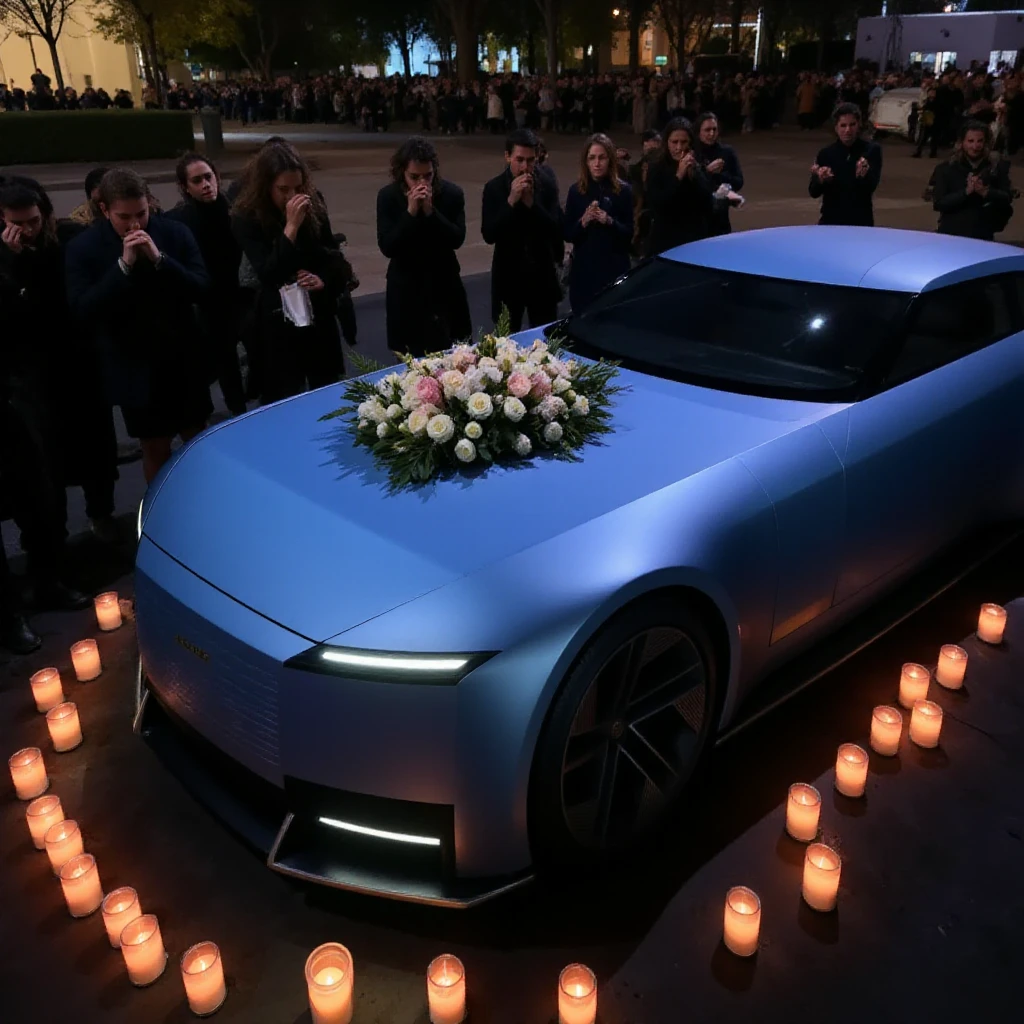 The jagtype00 car, blue, with candles around. Some few people around are sad, wearing black, facepalm pose and praying. This is a funeral. A ring of flowers are over the hood