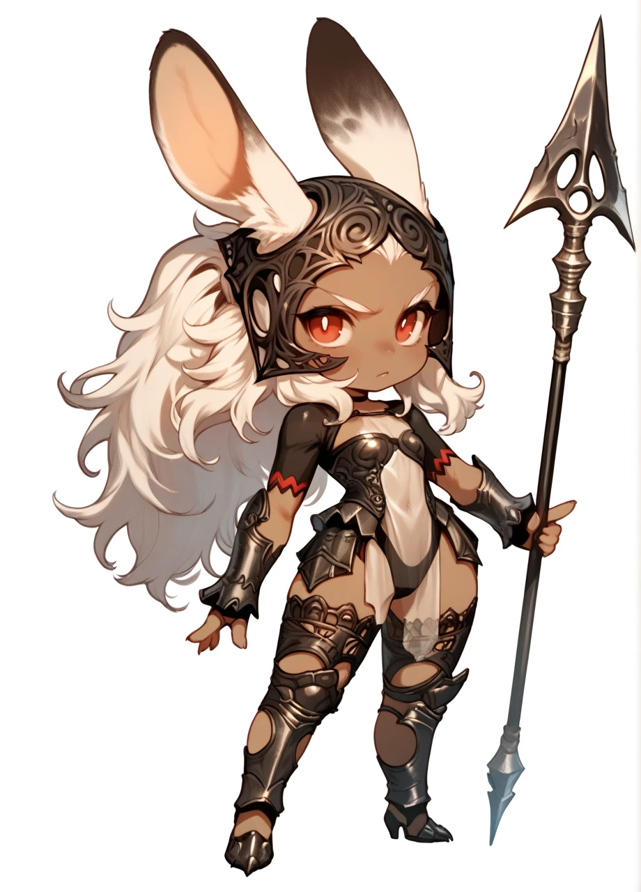 1girl, solo, white background, full body, chibi, holding polearm, ffxiifran, dark skin, vambraces, viera, red eyes, helmet, revealing clothes, armored legwear, white hair, long hair <lora:FF_Fran-PONY:0.8>, score_9, score_8_up, score_7_up, score_6_up,