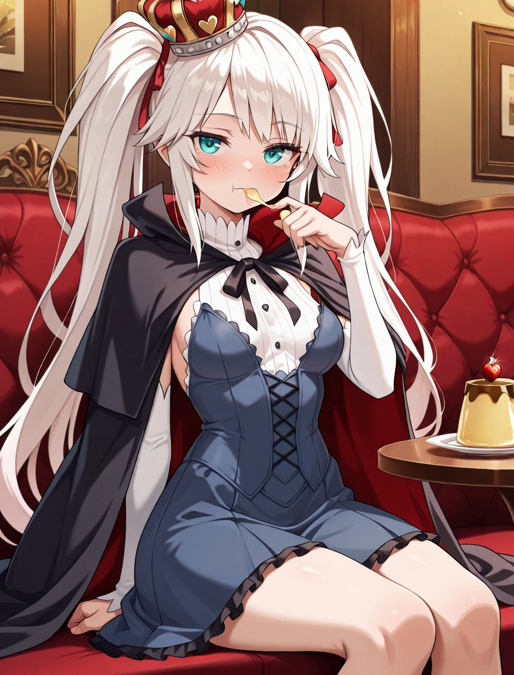 (masterpiece) ,best quality,amazing quality,very aesthetic,absurdres,newest, highres, anime style, BREAK Sybilla, fully clothed,  darkblue dress, coronet, royal cloak, luxury restaurant, sitting, eating royal pudding