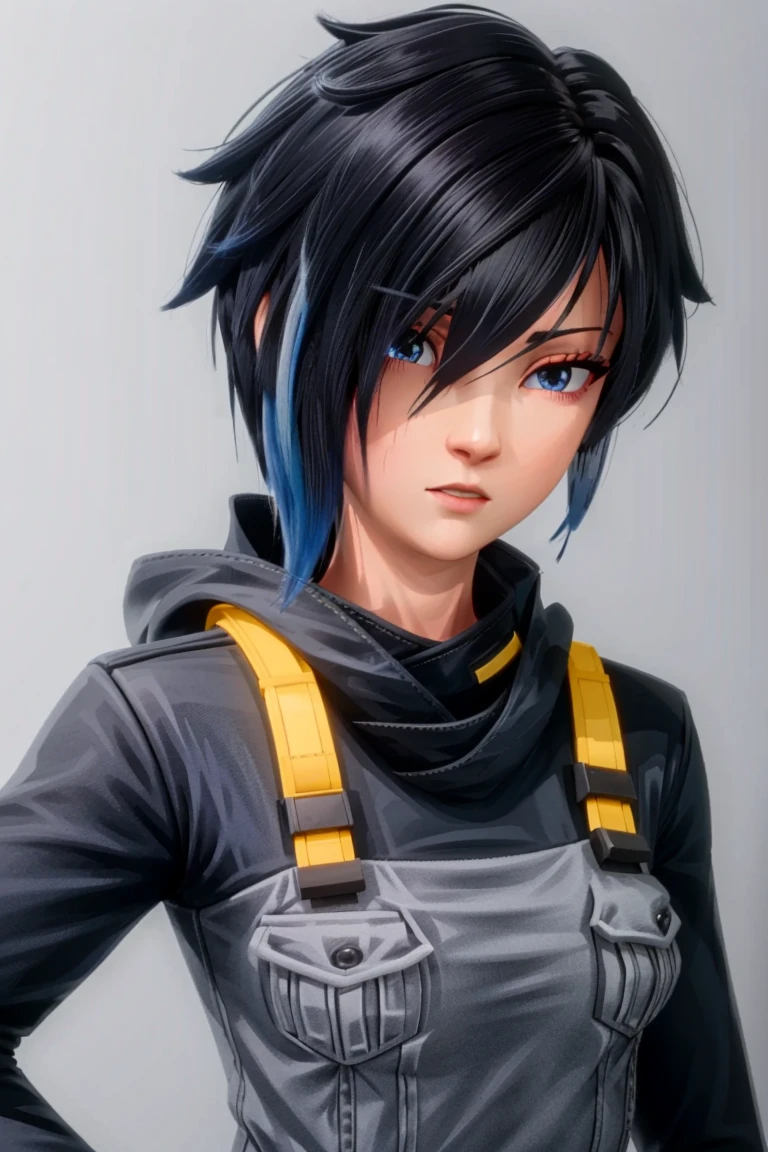 best quality, 1girl, standing, black blue theme,   <lora:Kai_Koguma-05:0.8> kai koguma, short hair, multicolor hair, black hair, blue hair, blue eyes, hair over one eye, cute