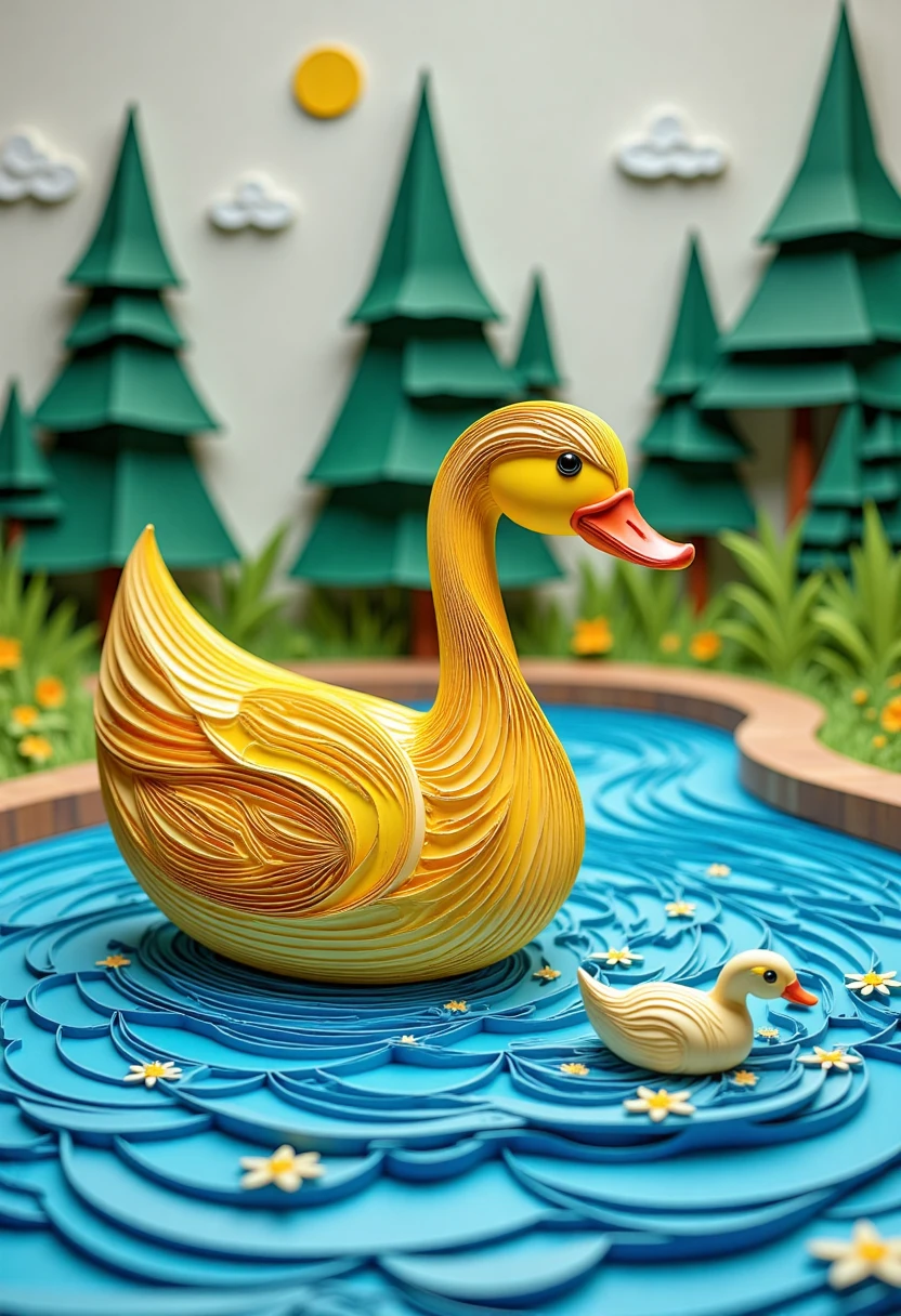 paper quilling, layered paper, river, yellow rubber duck