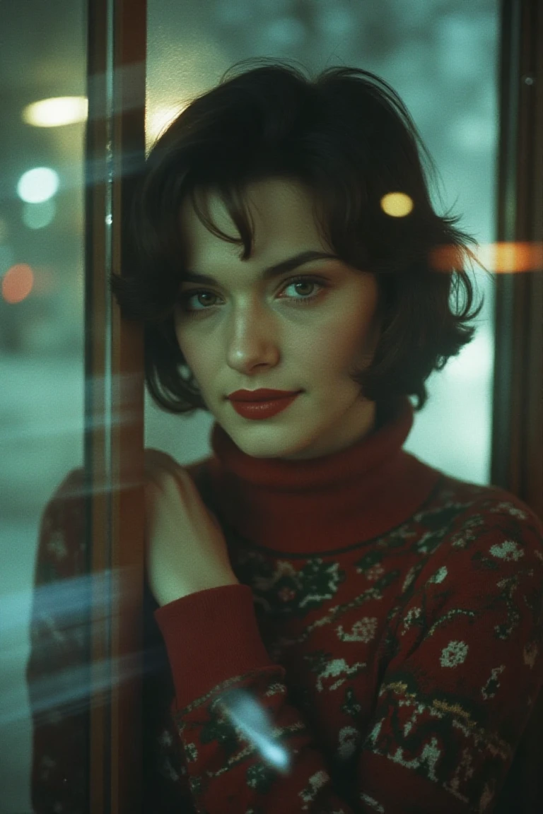 A captivating 35mm film shot unfolds, and the camera captures a woman in a seductive pose through a frosted window. ((Wearing a thick Christmas sweater, she looks directly at the viewer with her sharp black eyes, her pale skin glows under her short hair, partially obscuring her face. The soft lighting illuminates her sweet smile)), In particular, the glass surface of the front window in front of the frame is a transparent glass reflection and glass refraction, and the frost pattern formed by the frozen frost forms a gradient on the glass surface, emphasizing the cozy atmosphere beyond the window. The extremely low angle (1.4) and high contrast HDR (1.2) further emphasize the wonder and mystery of the image, transporting the viewer into a dreamy and transcendent fantasy world.