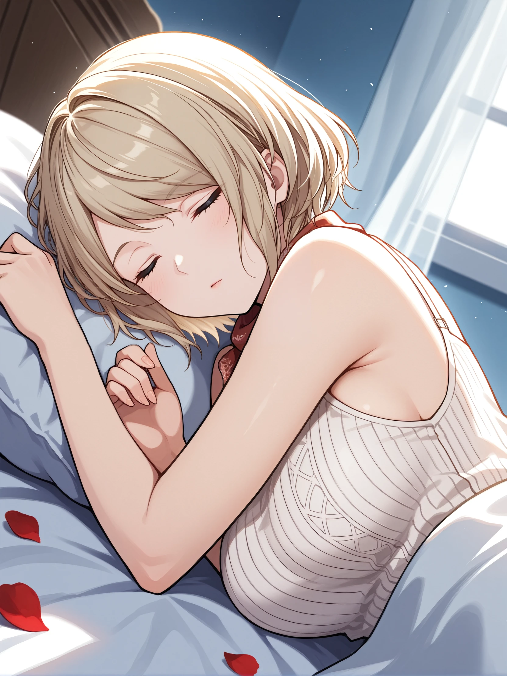 masterpiece, best quality, absurdres,
<lora:RE4Ashley:1.0>
RE4Ashley, 1girl, blonde hair, short hair, blue eyes, looking at viewer, sleeping in a bed, rose petals, closed eyes