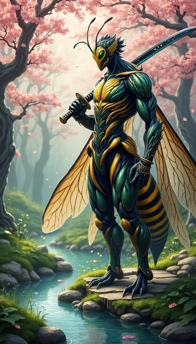 A majestic, humanoid wasp hybrid stands proudly amidst a serene cherry blossom garden, its delicate petals softly catching the gentle breeze. The samurai's body is a mesmerizing blend of insectoid and human features, with a wasp's yellow and black striped abdomen serving as the base of his torso, merging seamlessly with powerful human-like arms and legs. His skin shimmers with a subtle, iridescent glow, as if infused with the essence of the cherry blossoms. A slender, curved stinger protrudes from the tip of his chin, a fierce reminder of his wasp heritage. Delicate, almost translucent wings sprout from his back, partially folded and resting against his shoulder blades like a spectral cloak. 
His face, a striking combination of human and wasp features, is set in a determined expression, with piercing, emerald-green eyes that seem to bore into the soul. A sharp, chiseled jawline and angular cheekbones are offset by a delicate, pointed nose and high, arched eyebrows that taper into antennae-like protrusions on his forehead. A samurai's topknot adorns his head, secured with a slender, black lacquer pin adorned with a minute, glinting gemstone.
The katana on his shoulder, its leather-bound scabbard etched with intricate, swirling patterns, seems an organic extension of his arm, as if the sword's very essence has merged with his body. The blade's polished surface glimmers with a subtle, electric blue sheen, reflecting the vibrant hues of the surrounding cherry blossoms.
The garden around him is a tranquil oasis, with gnarled, ancient cherry trees stretching towards the sky like nature's own sculptures. Delicate, pink petals drift lazily to the ground, blanketing the soft, emerald grass beneath his feet. A shallow, crystal-clear stream meanders through the garden, its gentle gurgling providing a soothing background melody. As the wasp samurai stands poised, his very presence seems to embody the harmony and balance of this serene, whimsical environment.