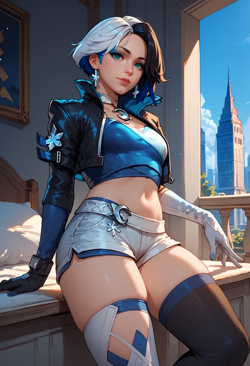 score_9, score_8_up, score_7_up, score_6_up, score_5_up, score_4_up, masterpiece, ultra-detailed, high resolution,

lunafrost, 1girl, thighhighs, solo, gloves, shorts, cropped jacket, navel, asymmetrical legwear, looking at viewer, multicolored hair,