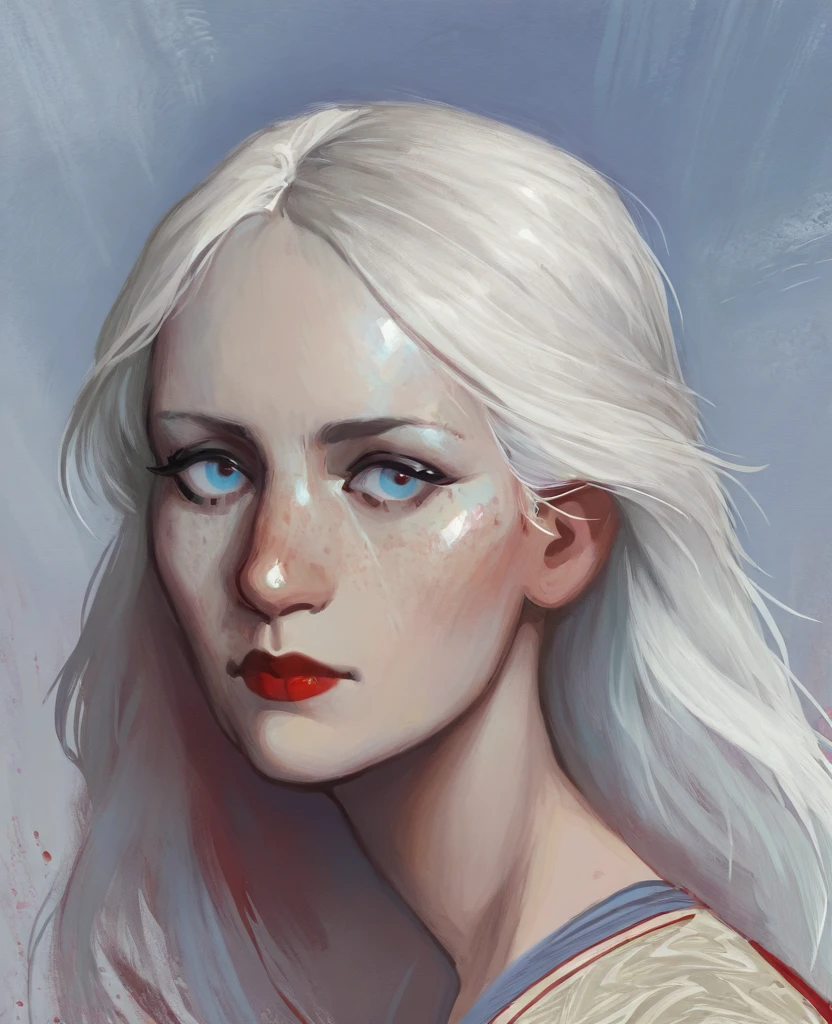 disco_elysium, disco_elysium, portrait, 1girl, white hair, blue eyes, red lips, serious expression, abstract background, red and white theme, grey and blue accents, medium close-up, painterly , textured brushstrokes, soft shading
<lora:disco_elysium:1.0>, masterpiece, best quality, amazing quality, very aesthetic, absurdres