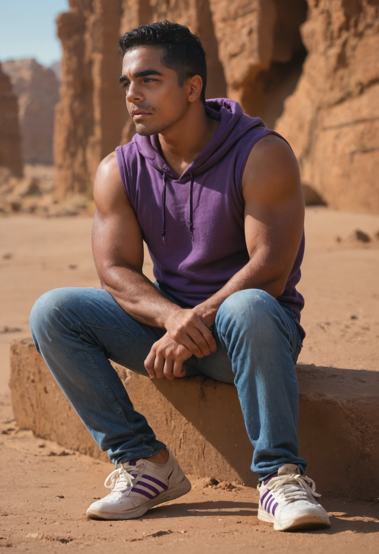 score_9, score_8_up, score_7_up, score_6_up, realistic, photorealistic, highly detailed, <lora:xl_jay_torres-07:1>  male latino jayperson, wearing purple sleeveless hoodie and jeans and sneakers, desert background