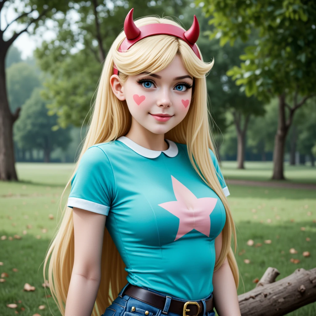 Photo of starbutterfly in a turquoise T-shirts with star, solo, very small breast, beautiful blue eyes, cutie detailed face, blonde hair, facial mark, long hair, horned headwear, very long hair, striped rainbow pantyhose, photorealism, sitting on the tree in park 