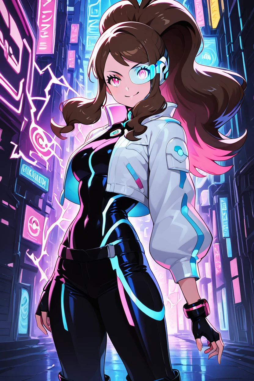 score_9, score_8_up, score_8, medium breasts, (curvy), cute, eyelashes,       ,,, ,  zzHildaLuxCitron, pink eyes, brown hair, high ponytail, long hair, multicolored hair, pink hair, ponytail, sidelocks,  white jacket, long sleeves, shiny, pants, black gloves, cyberpunk, scouter,  <lora:HildaLuxVoltPDXL:1>,  , BREAK, <lora:Afrobull_PDXL_v5:0.8>,  ,,, BREAK, smile, looking at viewer, closed mouth, cowboy shot,  ,,, embedding:zPDXL, Expressiveh, ,,, <lora:SDXLFaeTastic2400:0.5>, <lora:Expressive_H-000001:0.4>,