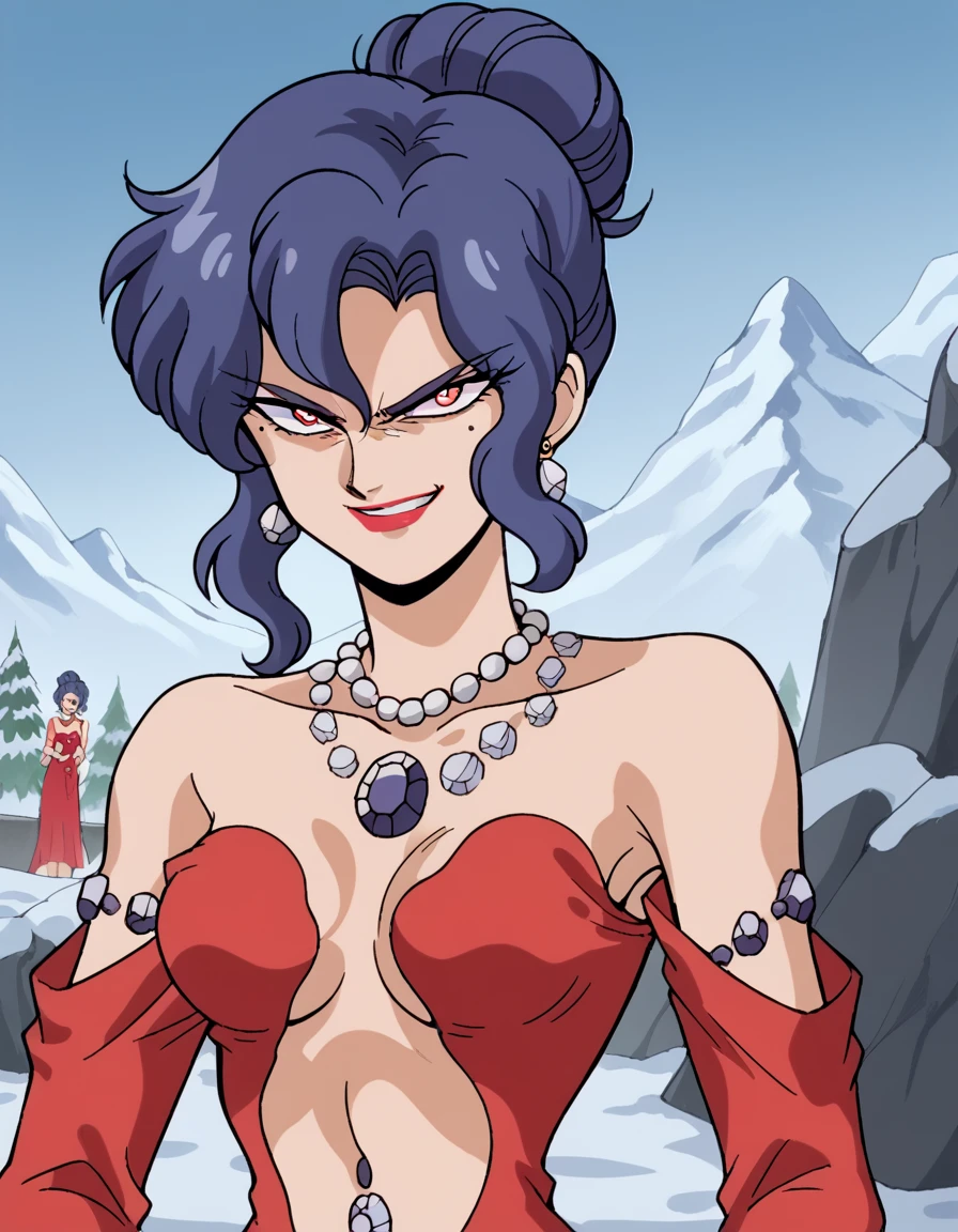 score_9, score_8_up, score_7_up, source_anime, <lora:the-jewel-princess-ova-ponyxl-lora-nochekaiser:1>, the jewel princess, mole, mole under eye, retro artstyle, 1990s (style), white pupils, anime screencap, dress, jewelry, blue hair, earrings, detached sleeves, necklace, hair bun, bracelet, red dress, single hair bun, ring, orange eyes, lipstick, center opening, midriff, navel, collarbone, bare shoulders,, mountain, rock, height, snow, trees, , <lora:just-as-planned-ponyxl-lora-nochekaiser:1> just as planned, just as planned (meme), meme, death note (object), parody, evil grin, evil smile, smirk, shaded face,, looking at viewer, solo,, dutch angle, cowboy shot