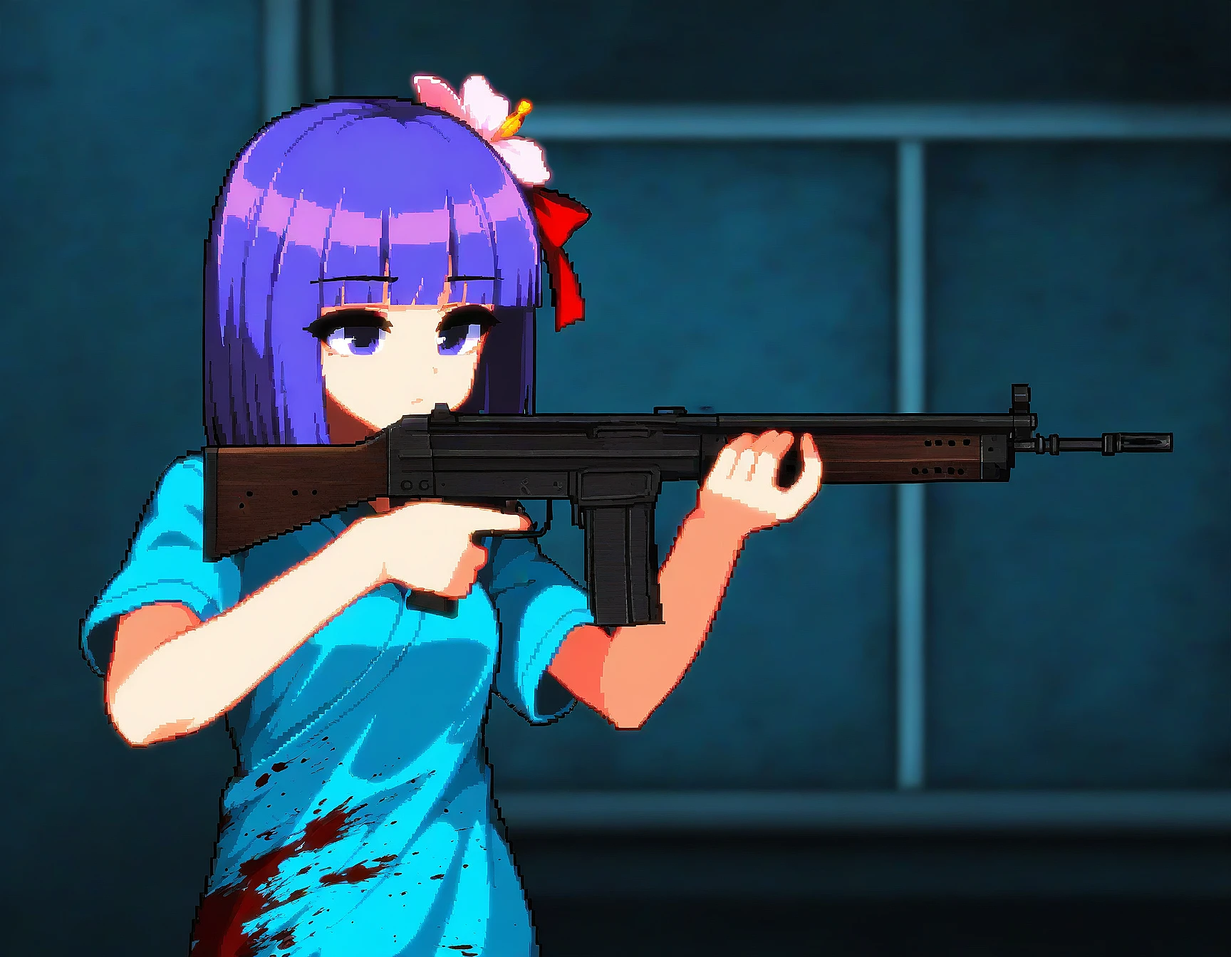 1girl, solo, hieda_no_akyuu, hair_ornament, purple_hair, hair_flower, short_hair, purple_eyes, hospital gown, stent r91, assault rifle, holding gun, aiming, from side, two-handed, standing hospital, blood on clothes, upper body, best quality, masterpiece, (namako daibakuhatsu, pixelized, pixel art, aliasing), <lora:OWN/pops_fo3_r91-v002-000015.safetensors:1.0>