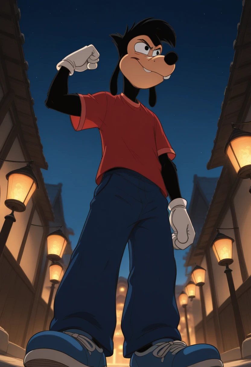 <lora:Max-Goof-Illustrious:1>,max-goof, solo, 1boy, male focus, black eyes, white gloves, full body, furry male,red shirt, blue pants, blue shoes,
BREAK,
night, midnight, dark environtment, rim lighting, small town, glowing, lantern, cowboy shot, flexing, smirking, male, blurry outdoors, from below, looking away, intricately detailed illustration, masterpiece, best quality, amazing quality, very aesthetic, absurdres, newest