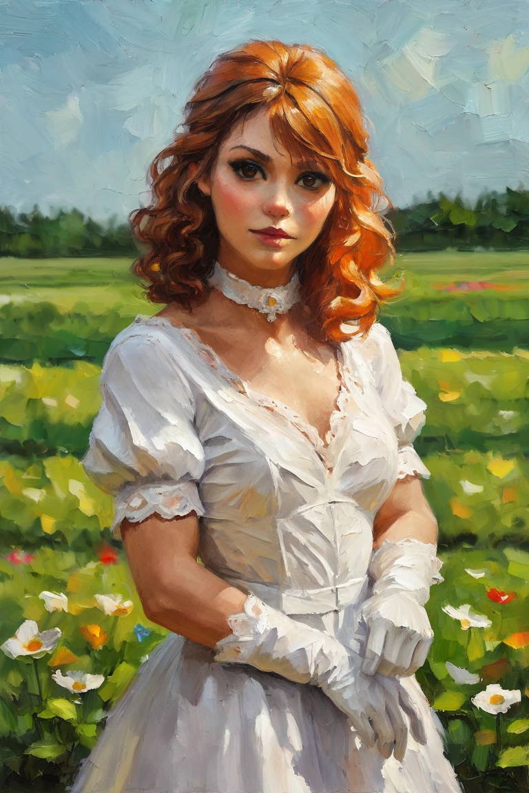 masterpiece, best quality, highres, newest, paletteknife, traditional media, realistic, 1girl, solo, medium hair, curly hair, wavy hair, orange hair, swept bangs, brown eyes, lips, lipstick, looking at viewer, medium breasts, choker, medium dress, white dress, lace trim, puffy sleeves, puffy short sleeves, short sleeves, gloves, elbow gloves, white gloves, hand up, cowboy shot, closed mouth, standing, outdoors, field, flower, grass, plant, sky <lora:Palette Knife [LoRA] - NoobAI-XL EPS 1.0:0.8>