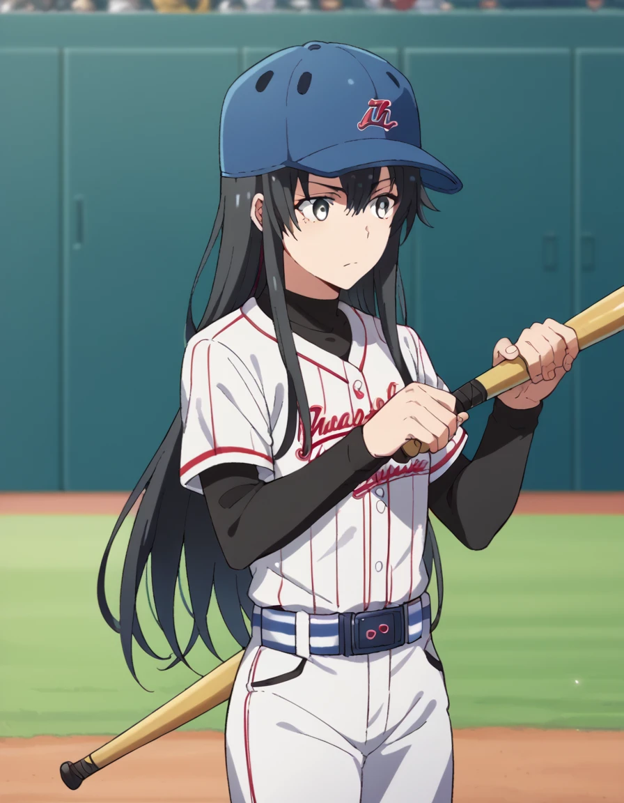 score_9, score_8_up, score_7_up, source_anime, <lora:yukino-yukinoshita-s2s3-ponyxl-lora-nochekaiser:1>, yukino yukinoshita, black hair, blue eyes, long hair,, <lora:baseball-uniform-ponyxl-lora-nochekaiser:1> baseball uniform, baseball, striped belt, shirt under shirt, sportswear, ribbed shirt, baseball helmet, baseball bat, baseball jersey, baseball field, holding baseball bat,, , cowboy shot,