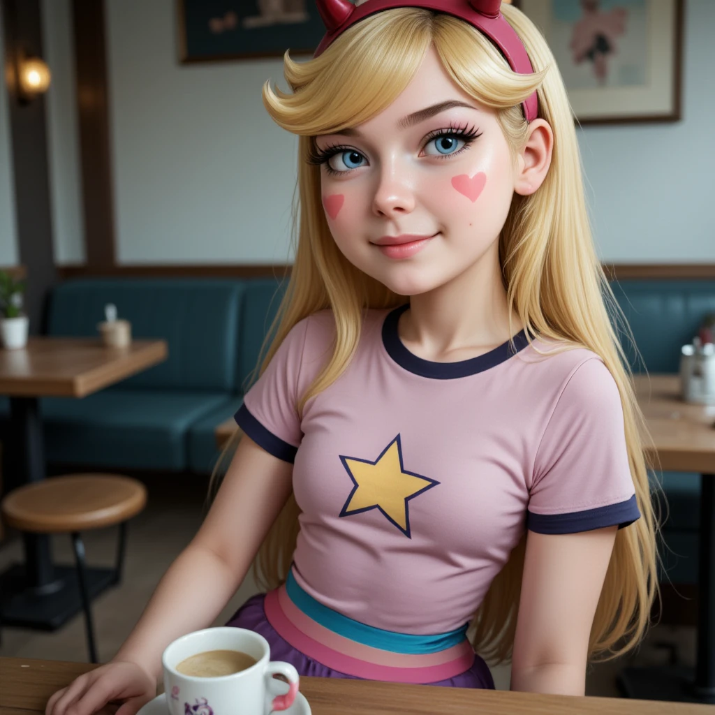 starbutterfly in T-shirts, skinny, blue eyes, blonde hair, facial mark, long hair, horned headwear, striped rainbow pantyhose, photorealism, sitting in cafe with coffe 