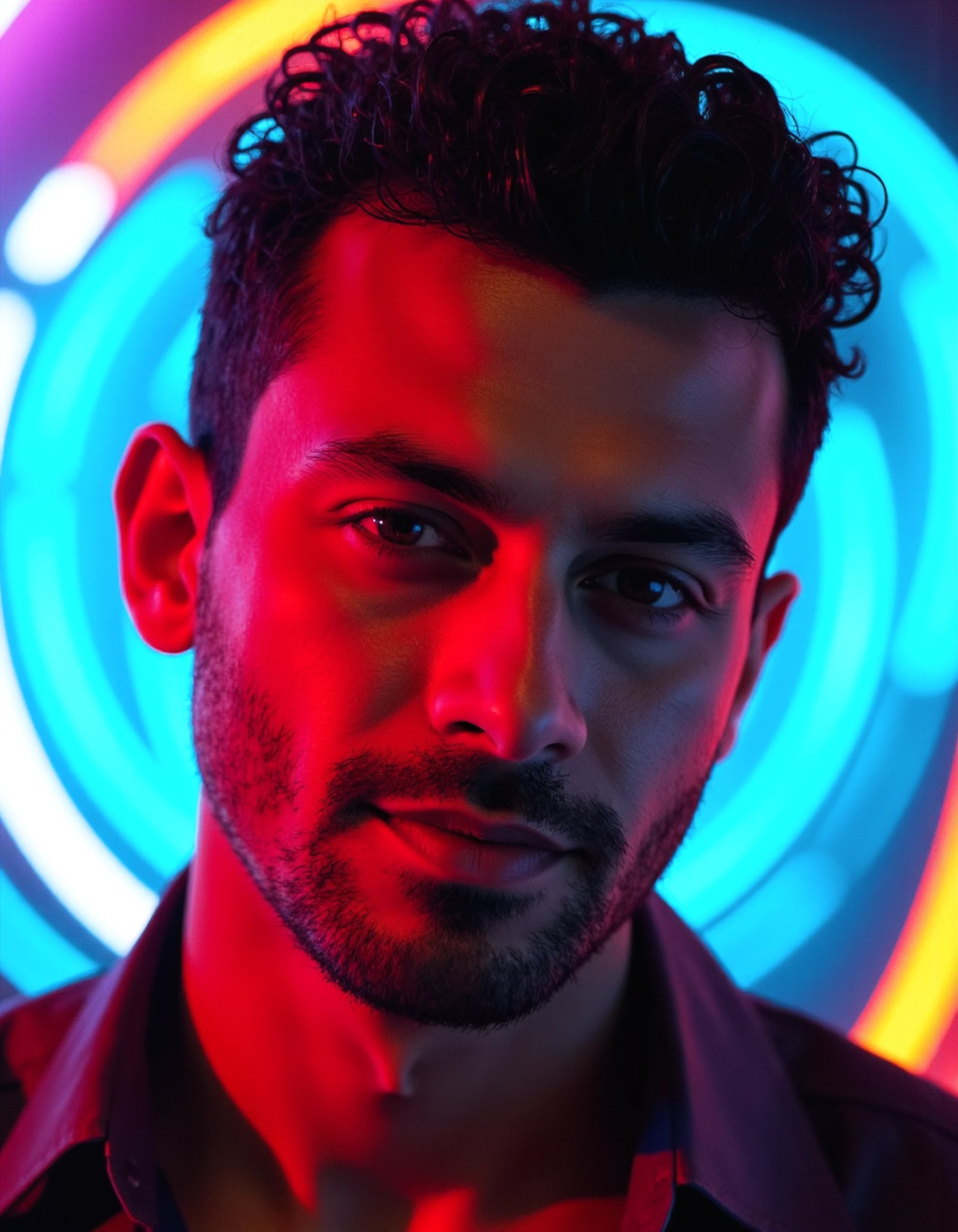 A photorealistic headshot of an attractive man middle aged man with a confident smirk, set against a vibrant neon background with swirling hues of cyan, magenta, and orange. The colored lights create bold, angular highlights along his jaw, with soft shadows adding depth to his face. The neon glow subtly reflects in his eyes, making his intense gaze even more captivating. The overall mood is modern, edgy, and electrifying.