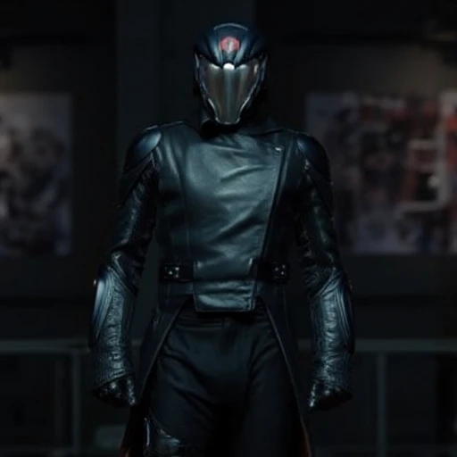 with a dark and gritty aesthetic, giving it a menacing appearance. The visor has a red emblem in the center, armored details on the arms and torso, Cobra Commander. The image is a high-resolution photograph, black pants, possibly metallic, wearing his iconic helmet and attire. His helmet is sleek and futuristic, showcasing a character in a futuristic