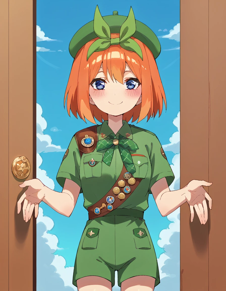 score_9, score_8_up, score_7_up, source_anime, <lora:yotsuba-nakano-s2-ponyxl-lora-nochekaiser:1>, yotsuba nakano, bangs, short hair, blue eyes, hair between eyes, hair ribbon, hairband, orange hair, green ribbon, large breasts,, <lora:girl-scout-uniform-ponyxl-lora-nochekaiser:1> girl scout uniform, badge, beret, breast pocket, girl scout, green hat, hat, short sleeves, shirt, green shirt, shoulder sash, medal, button badge, uniform, shorts, green shorts, short shorts, kneehighs,, smile, blush, looking at viewer, blue sky, clouds, entrance, doorway, <lora:incoming-gift-ponyxl-lora-nochekaiser:1>, incoming gift, outstretched arms, holding, holding box, box, cardboard box,, cowboy shot,