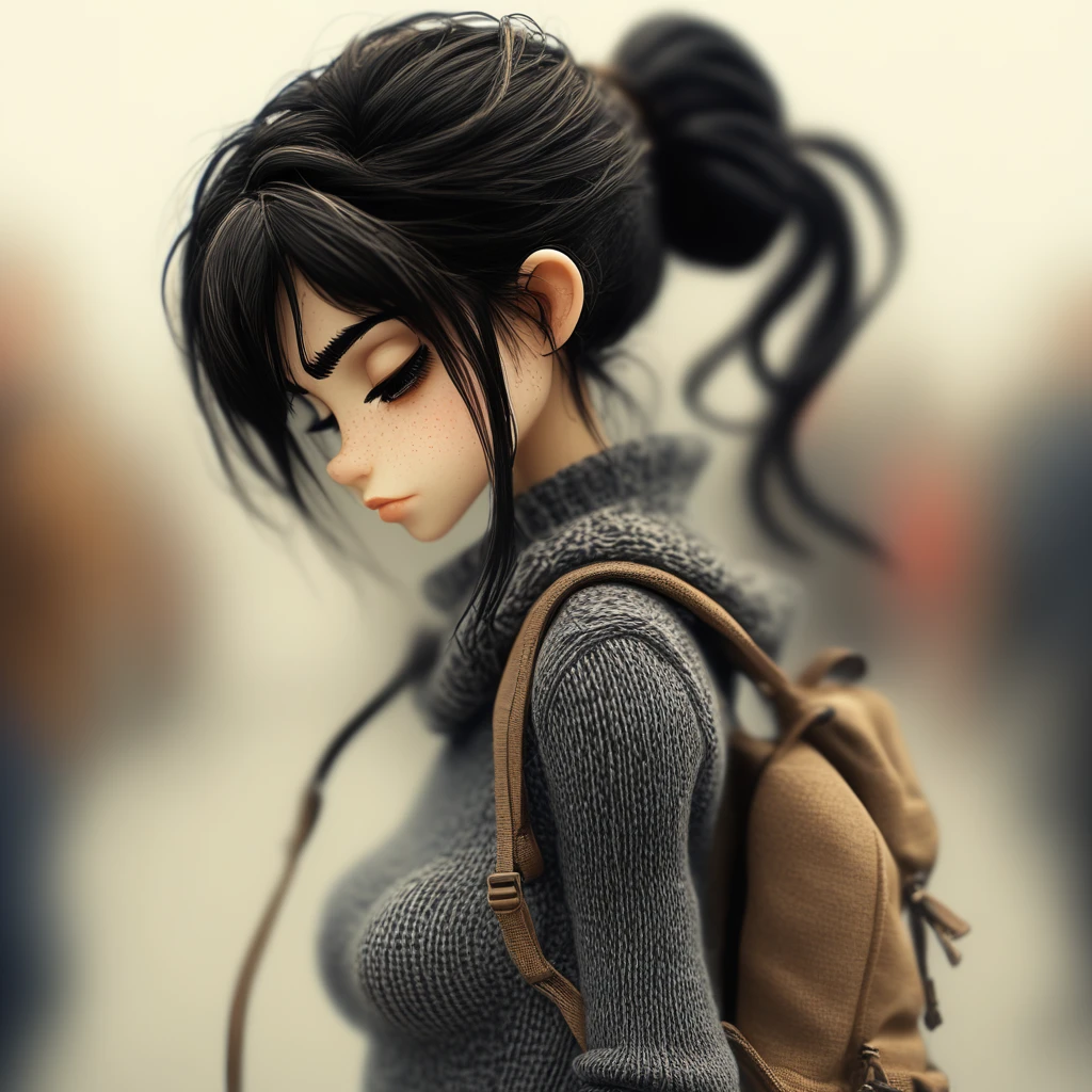 small_breasts, closed_mouth, backpack, turtleneck, solo, black_hair, breasts, bangs, hood_down, clothes_writing, upper_body, hood, nose, blurry_background, realistic, profile