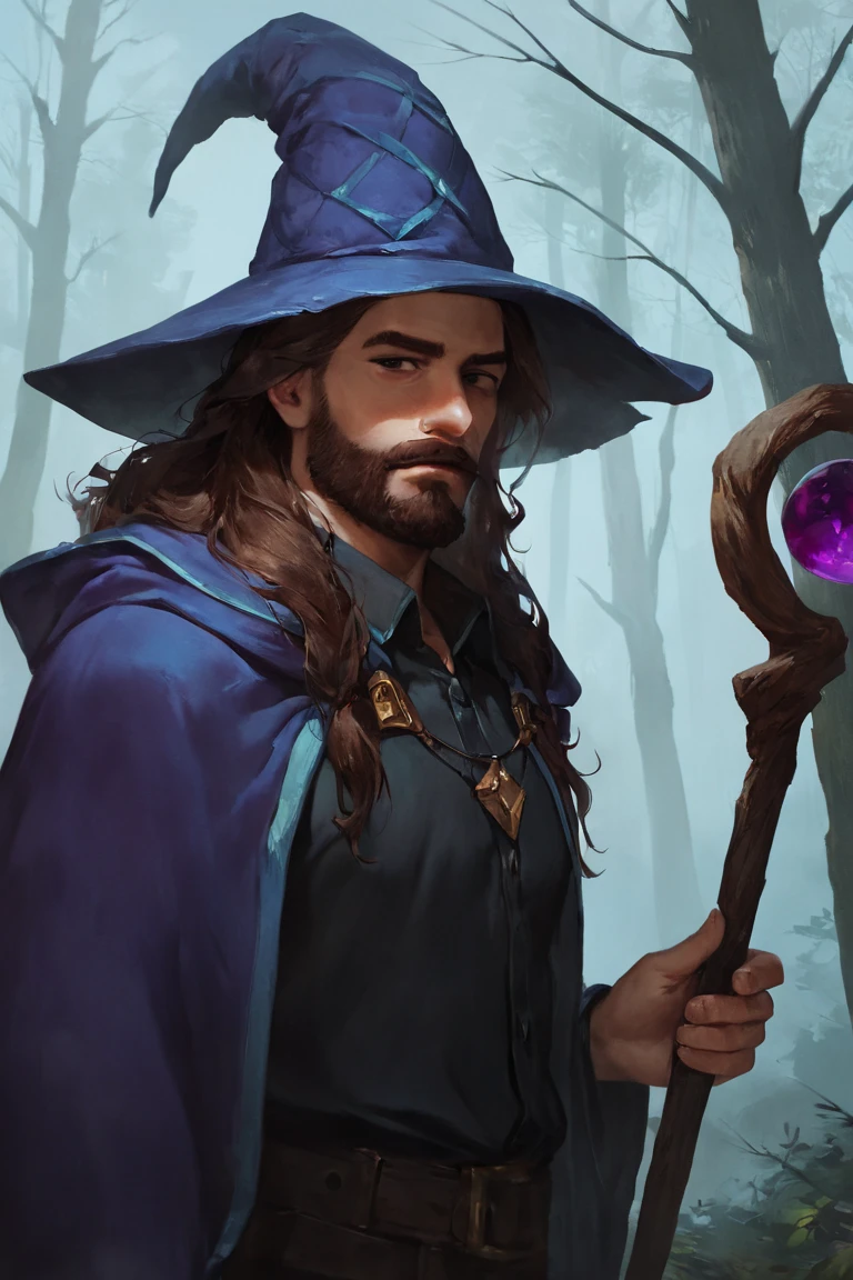 masterpiece, best quality, highres, newest, concept art, realistic, 1boy, solo, male focus, mature male, wizard, long hair, brown hair, black eyes, looking at viewer, hat, facial hair, beard, mustache, staff, wizard hat, purple hat, black shirt, collared shirt, robe, purple robe, hooded cloak, holding, holding staff, upper body, closed mouth, standing, outdoors, forest, nature, tree, fog, dark background <lora:Concept Art Moonlight [LoRA] - NoobAI-XL EPS 1.0:0.8>