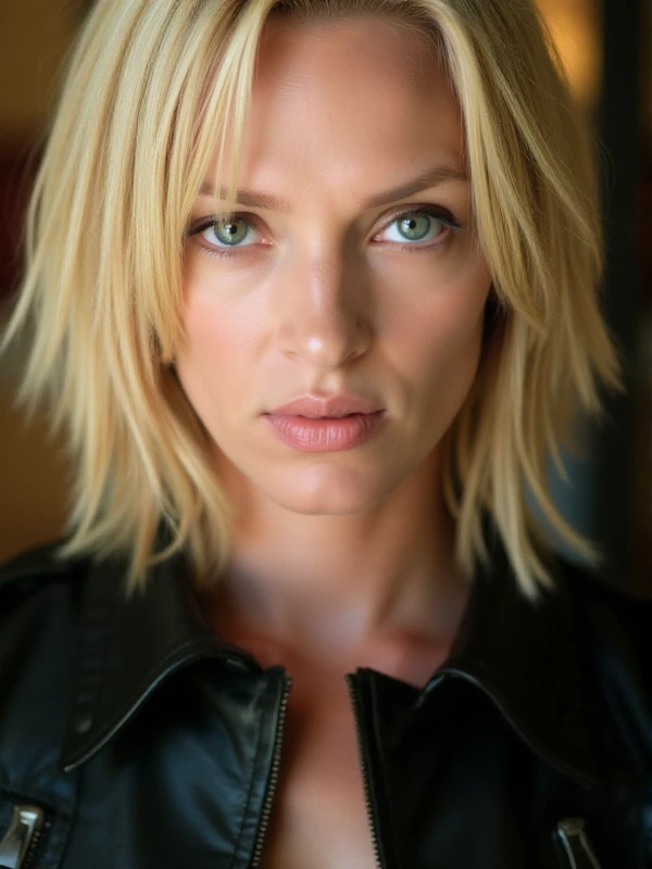 <lora:Beatrix Kiddo:0.9> beatrix kiddo,blond woman, she wears a leather jacket . Closeup face portrait